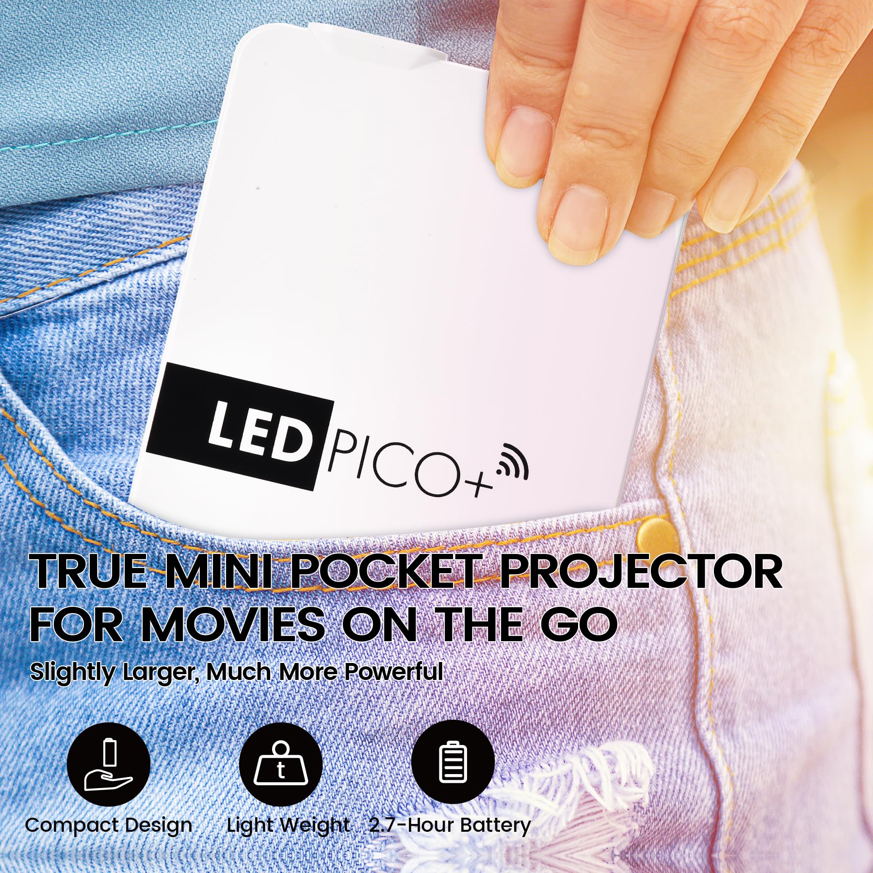 AAXA LED Pico+ MAX Mini Projector - 1080P DLP Portable Movie Projector with 2.7H Battery, Wireless Mirroring, Bluetooth, HDMI & USB - Perfect for Home Theater, Outdoor Camping, and Business Presentations