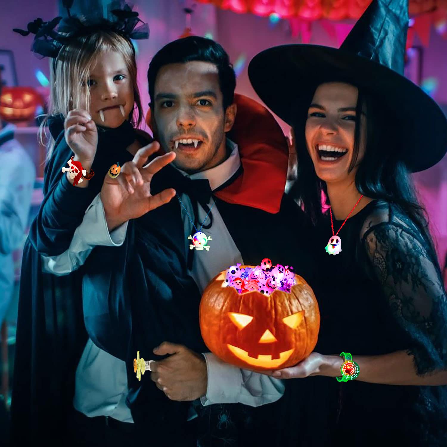 **57 PCS Halloween Party Favors for Kids - LED Flash Rings & Light Up Necklaces, Glow in the Dark Halloween Decorations & Toys, Perfect for Trick-or-Treating, Classroom Treats & Spooky Party Supplies**