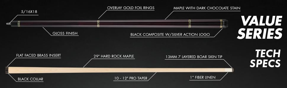 VAL24 Value Series Pool Cue - 58 Inch Professional Billiard Stick with 13mm Boar Skin Tip & Hard Maple Shaft - Dark Chocolate Finish with Silver Rings - Perfect for Home Game Rooms, Bars, and Competitive Play