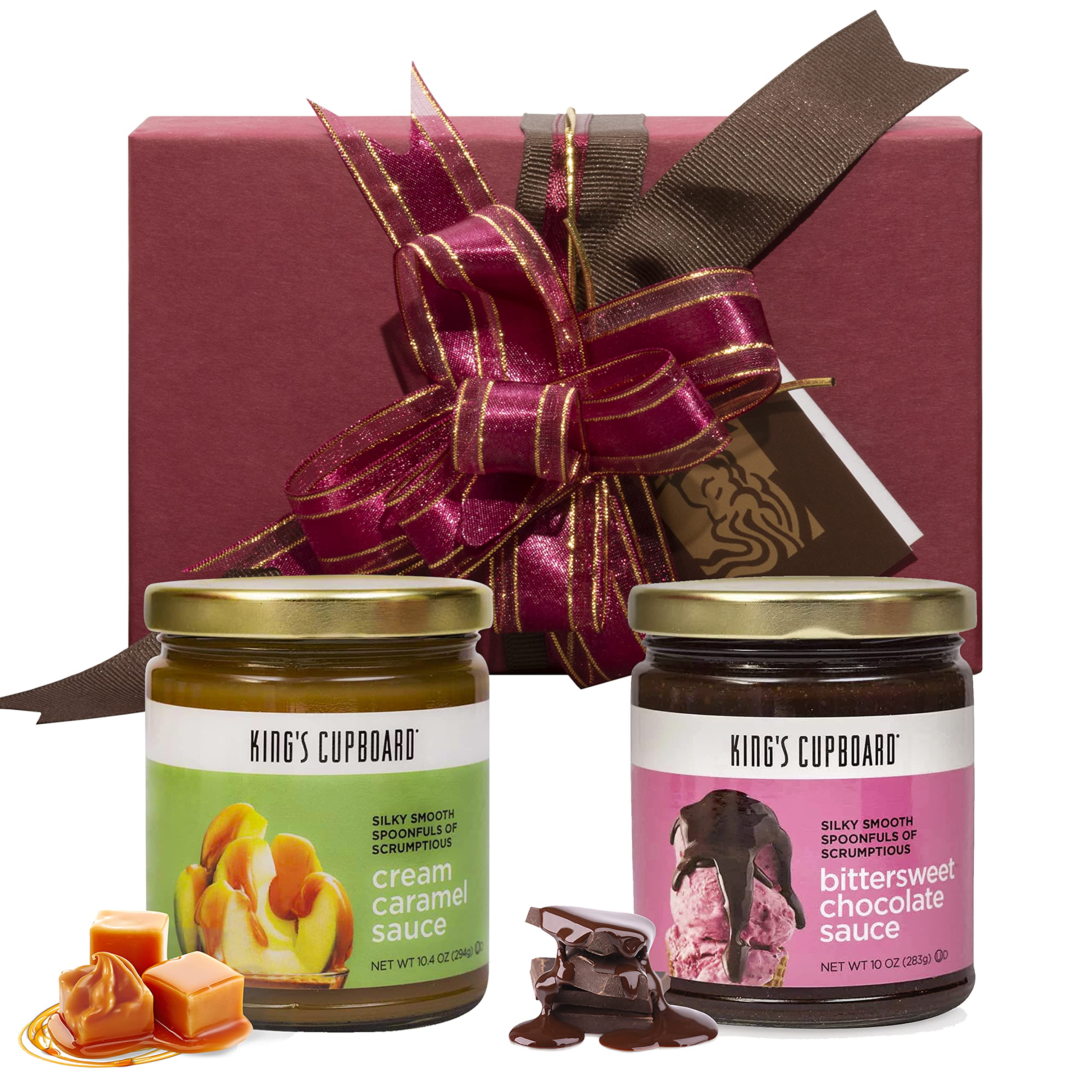 King's Cupboard Ice Cream Toppings Gift Set - 2 Jars of Cream Caramel & Bittersweet Chocolate Sauce | Gourmet Dessert Topping for Ice Cream, Fruit Dip, Coffee Syrup, Pancakes & Waffles | Perfect for Parties, Gifts & Home Desserts