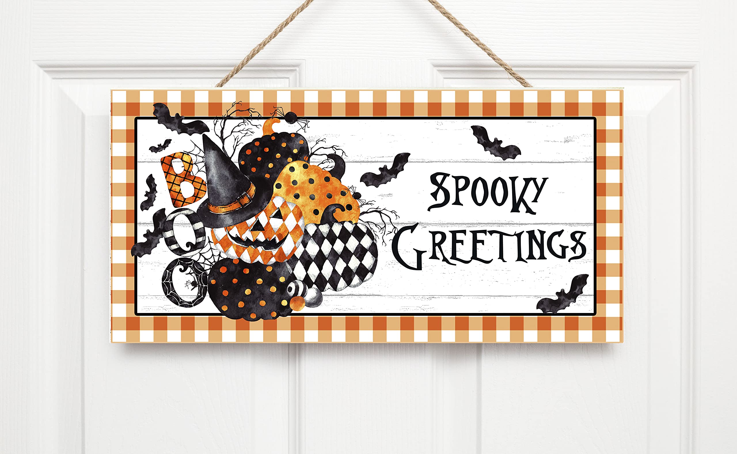 Twisted R Design Halloween Wood Sign - Spooky Greetings Wall Decor for Living Room, Kitchen, Home - Funny 10x5 Inch Wooden Art Accessory - Perfect for Halloween Party Decorations & Seasonal Home Décor