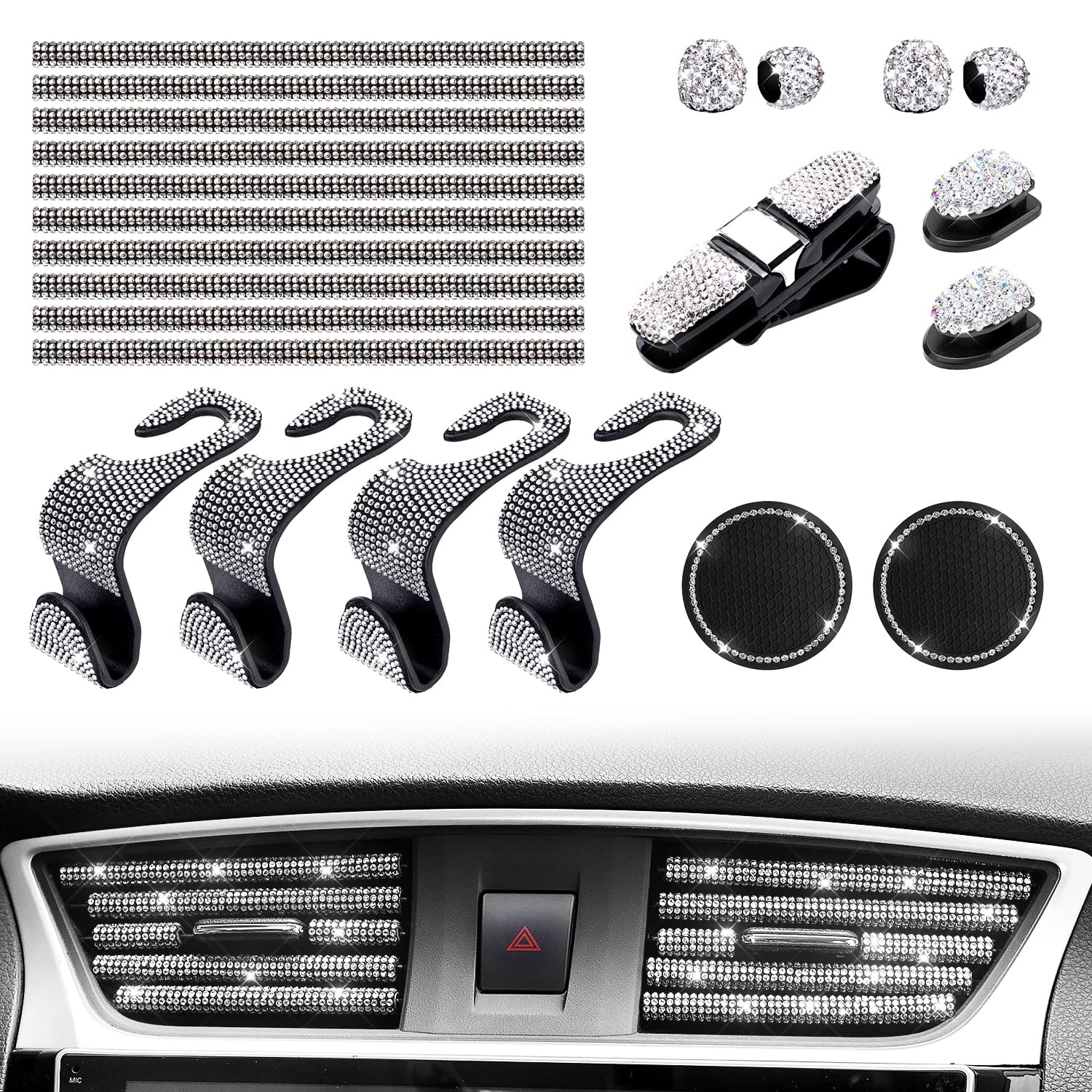 10Pcs Bling Car Accessories Set for Women - Crystal Vent Outlet Trims, Purse Hooks, Cup Coasters, Tire Valve Caps & Glasses Holder | Luxury Car Interior Decor | Perfect for Commuting, Road Trips & Gift Giving