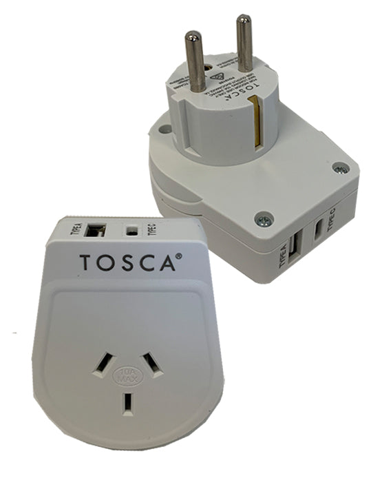 Tosca TCA060 USB A+C Adapter - Dual Port USB Type A & C Charger for Europe & Bali - White - Perfect for Travel, Home & Office Charging
