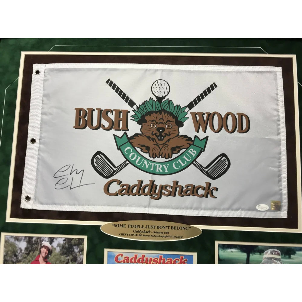 Authentic Chevy Chase Signed Caddyshack Memorabilia - Framed Flag Collage with COA & JSA Certification - Bushwood Country Club Pin - Perfect for Movie Collectors & Golf Lovers