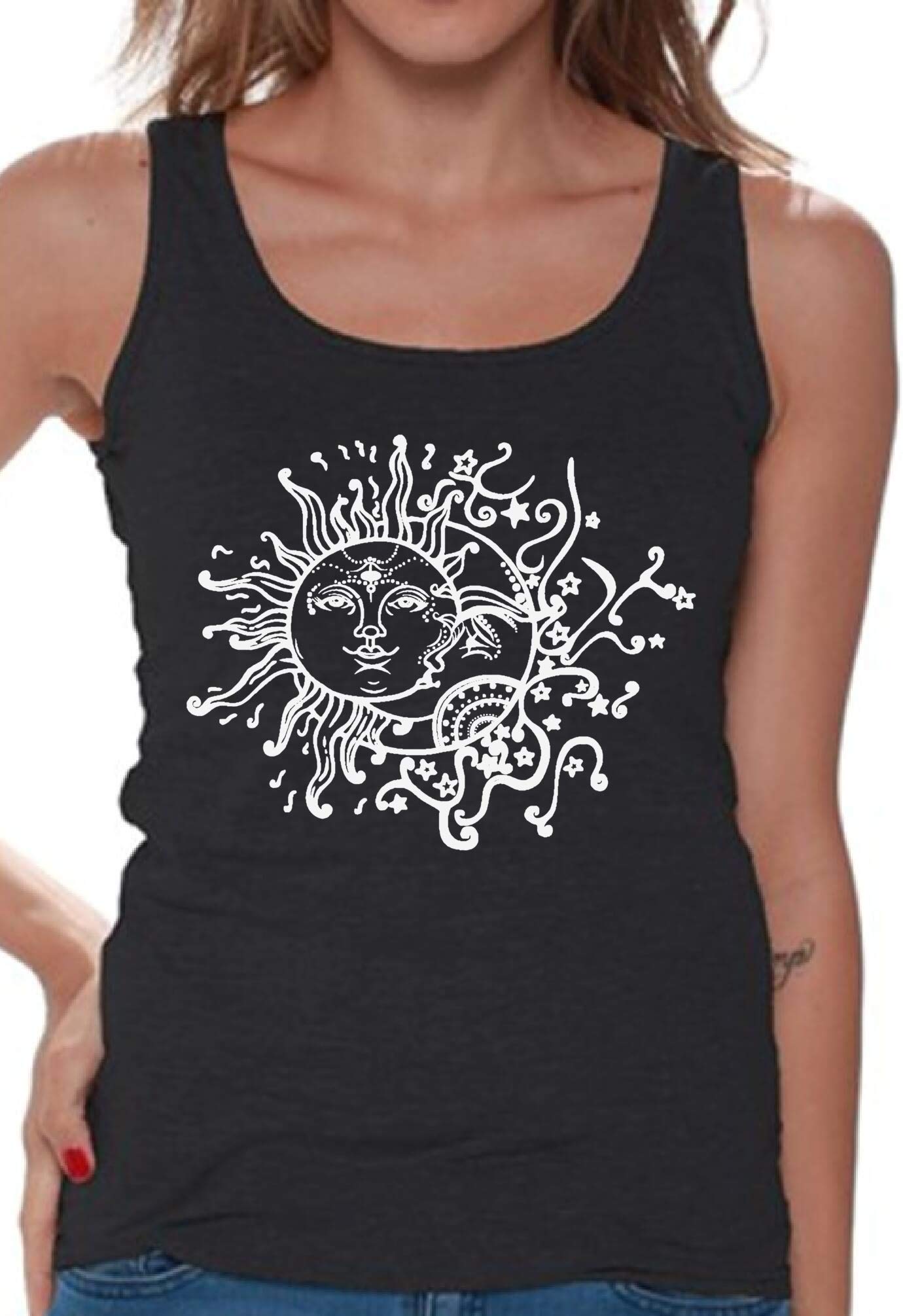Women's Sun Moon Graphic Tank Top - White Astronomy Magic T-Shirt with Bookmark Gift | Casual Summer Outfit, Festival Wear, Yoga & Beach Cover Up