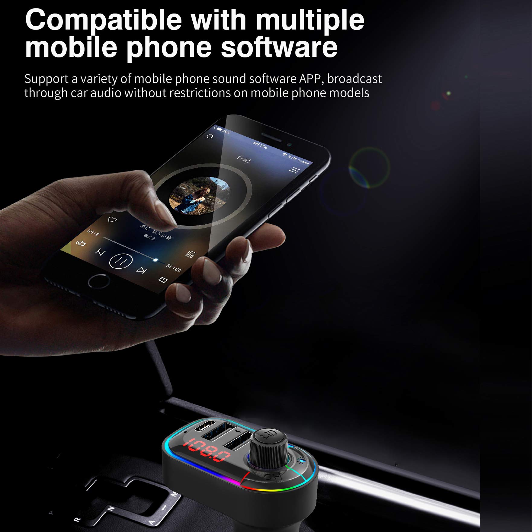 Eessley Bluetooth 5.0 FM Transmitter for Car - Wireless Car Adapter with Hands-Free Calling, MP3 Player, USB-C & Dual USB Ports - Perfect for Music Streaming & Phone Charging on Road Trips