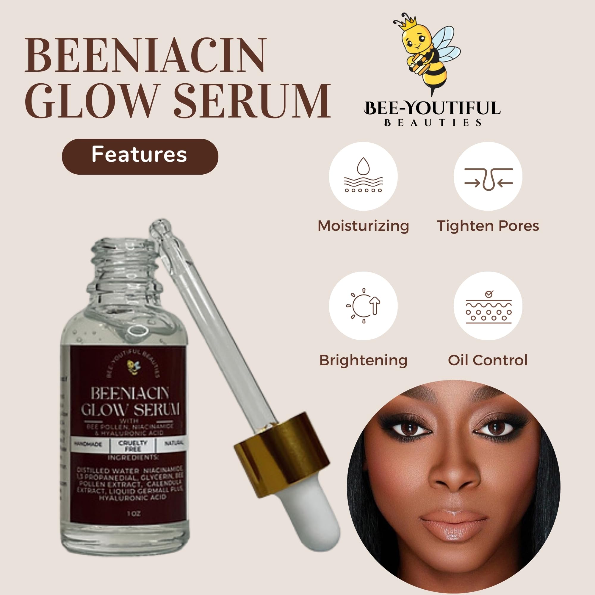 Beeniacin Glow Serum - Hydrating & Brightening Facial Moisturizer for All Skin Types | 0.5 oz | Achieve Radiant Skin for Day & Night Use