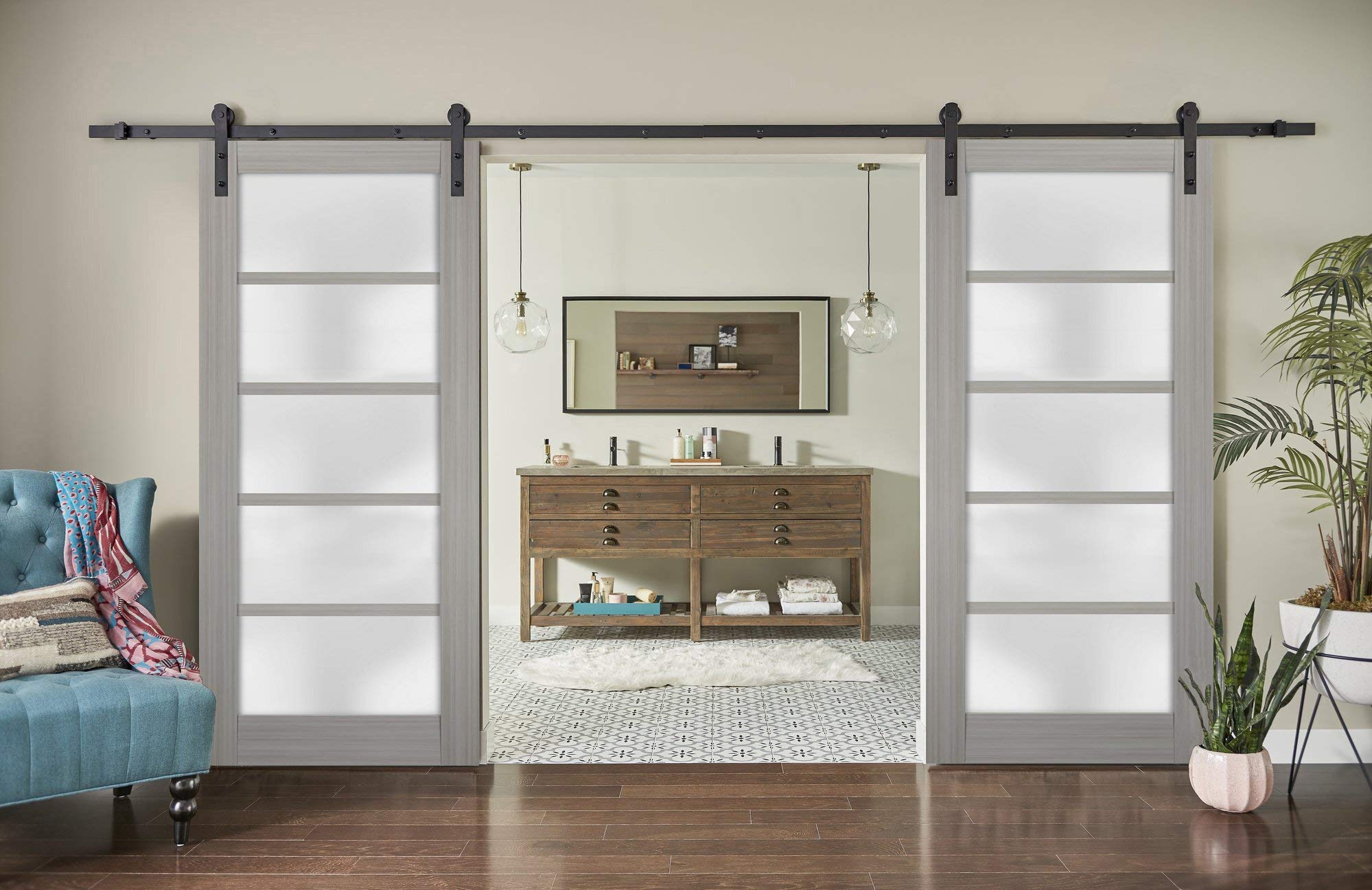 Sturdy 72x80 Inch Double Barn Doors with Frosted Glass - Quadro 4002 Grey Ash Finish | Heavy Duty Top Mount 13ft Rail Hangers | Solid Panel Interior Sliding Doors for Bedroom, Closet & Farmhouse Style Homes
