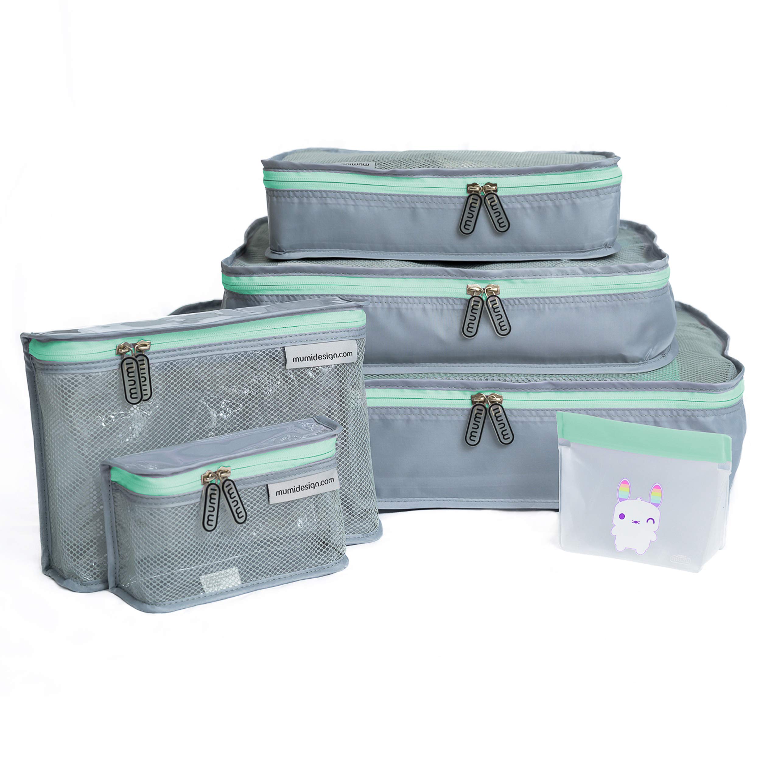 Mumi Piccolo Packing Bundle - 3 Packing Cubes, 2 Toiletry Bags & 1 Reusable Zipper Bag | Complete Luggage Organizer Set for Travel, Baby Essentials & Vacation Packing (Aqua Blue) | Perfect for Family Trips, Business Travel & Weekend Getaways