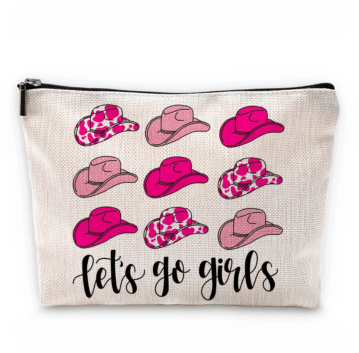 Let's Go Girls Hot Pink Preppy Cowgirl Hats Makeup Bag - Western Country Cosmetic Pouch for Women & Teen Girls - Perfect Christmas Birthday Gift - Cowgirl Themed Accessories for Travel, Rodeo & Country Music Festivals