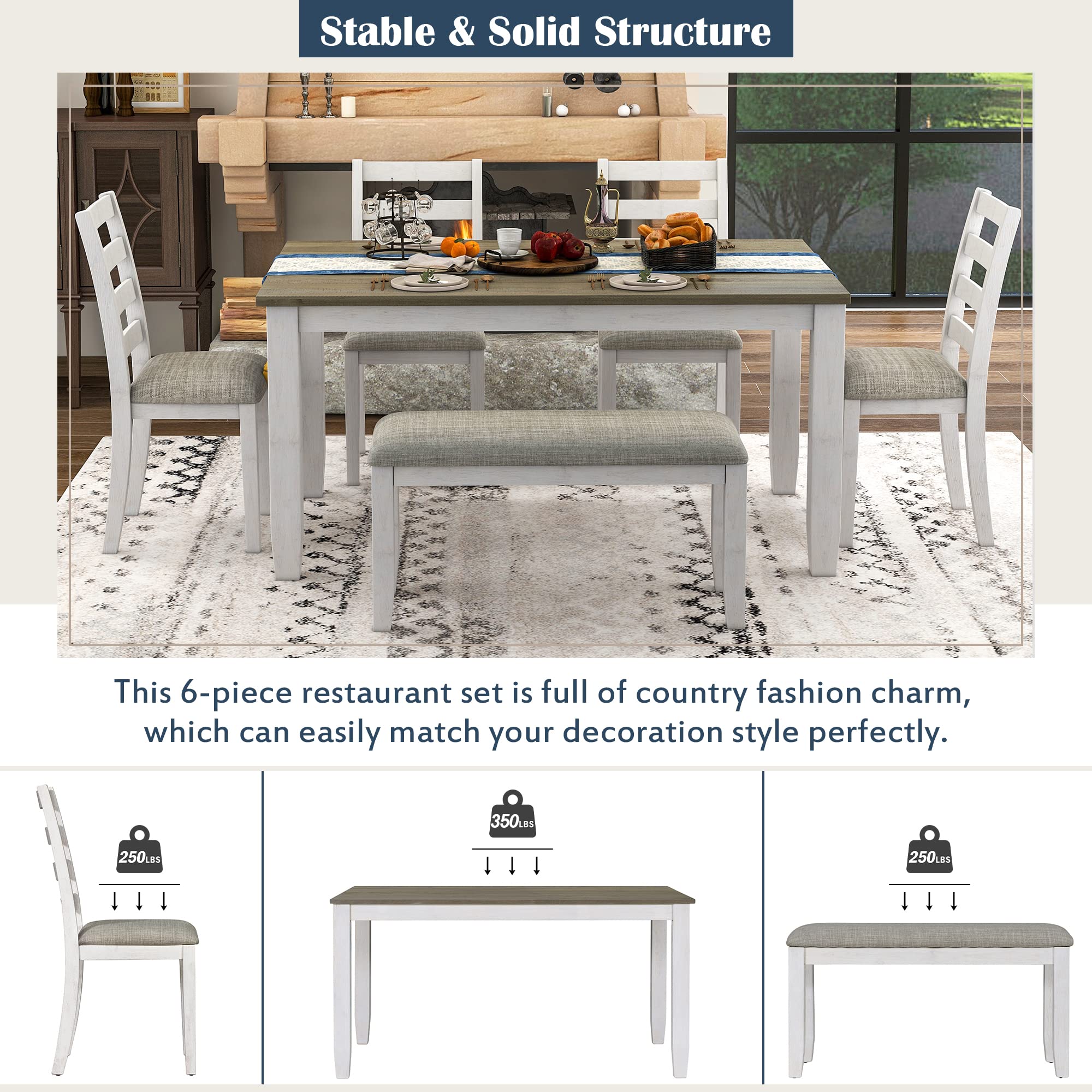 Merax 6-Piece Wooden Dining Table Set with 4 Upholstered Chairs and Bench, Brown & Whitewash Finish - Perfect for Kitchen, Dining Room, Breakfast Nook and Small Space Decor