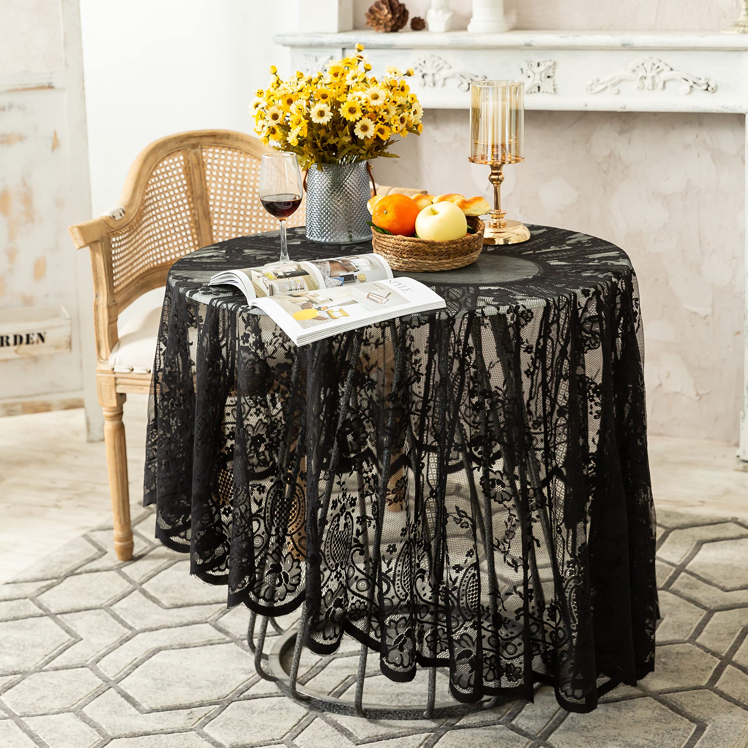 Elegant Round Lace Tablecloth 60 Inch - Vintage Floral Embroidered Table Cover for Wedding, Banquet, Holiday Dinner - Perfect for Formal Dining, Tea Parties & Home Decor (Black)