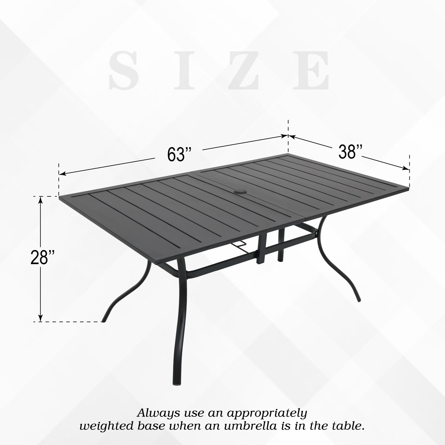 63x38 Inch Black Outdoor Metal Frame Rectangle Patio Dining Table with Slat Top & Umbrella Hole - Seats 6 - Perfect for Backyard BBQs, Garden Parties & Poolside Dining
