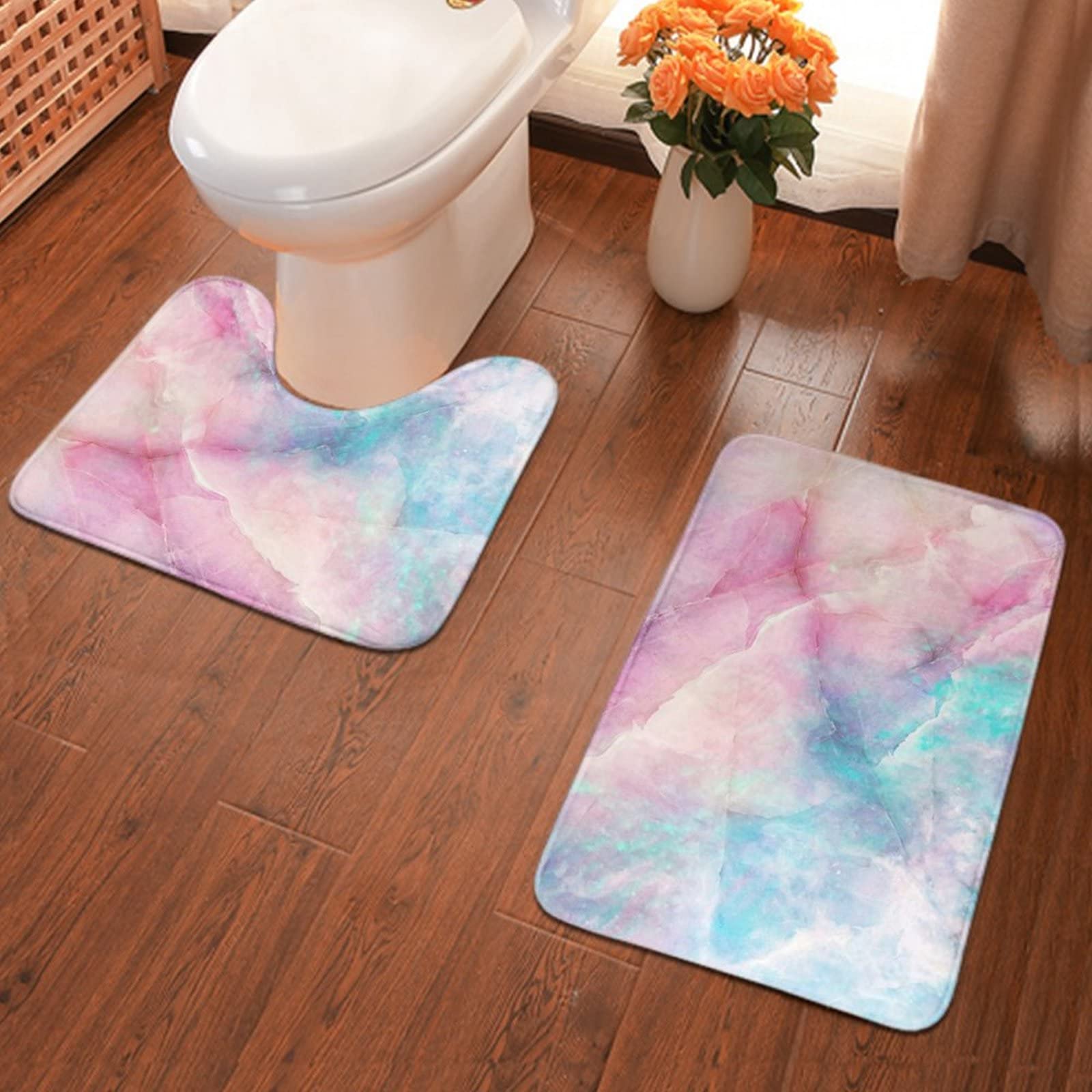 SWEET TANG 2-Piece Memory Foam Bathroom Rug Set - Ultra Soft Shower Mats with U-Shaped Contour, Non-Slip Bath Rugs for Bathroom Floor in Pink & Blue Marble Colors - Perfect for Teens & Kids Bathroom Decor, Ideal for Showers, Bathtubs & Toilet Areas
