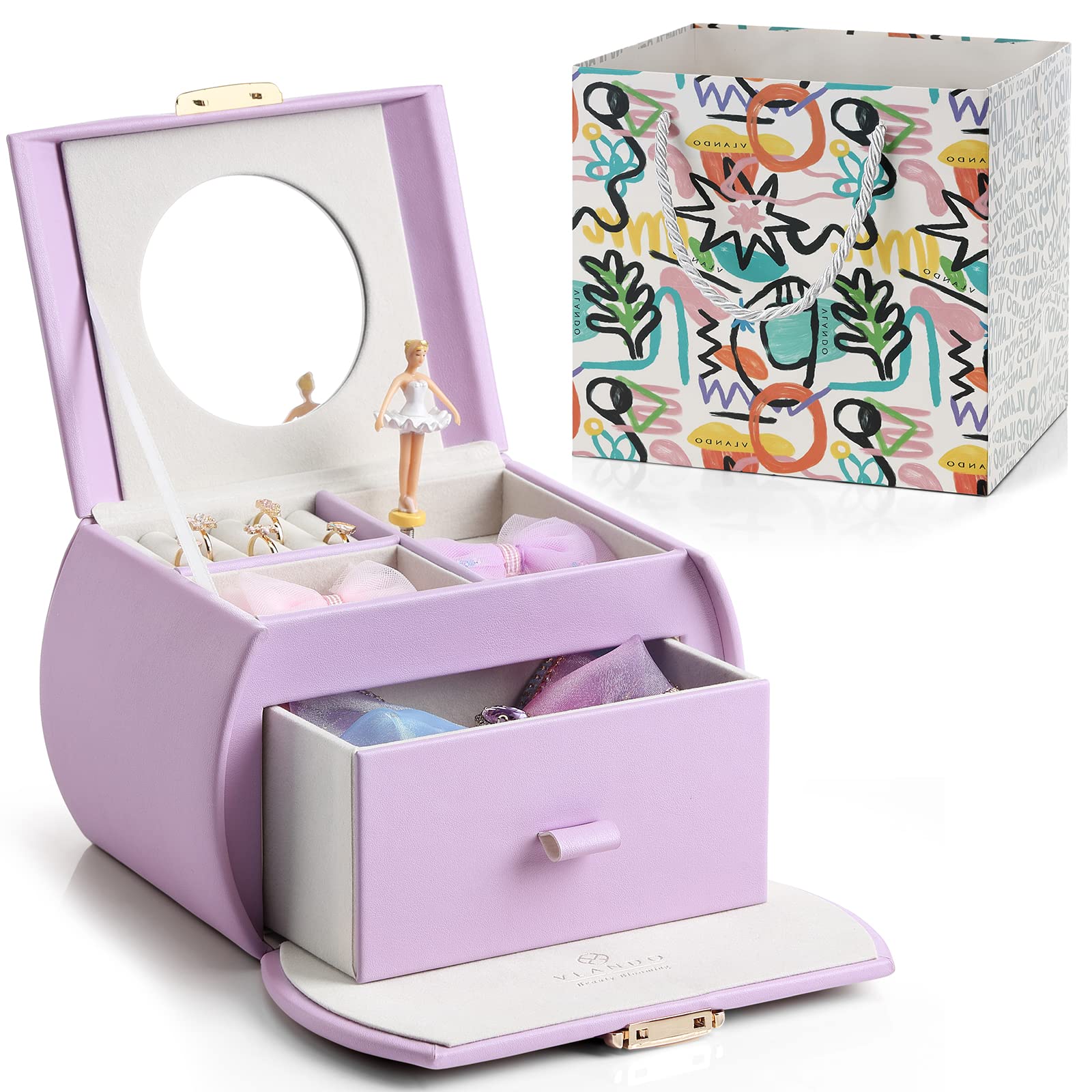 Vkando Musical Jewelry Box for Girls - Ballerina Jewelry Storage with Drawer, Stickers & Gift Packaging - Perfect for Birthday Gifts, Bedroom Decor & Kids' Room Organization - Plays Classic Music When Opened (Purple)