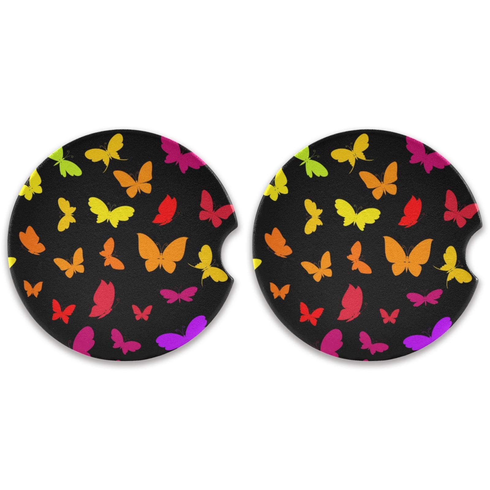 Qilmy Butterfly Car Cup Holder Coasters Set of 2 - Absorbent Ceramic Stone Coasters with Finger Notch for Easy Removal | Perfect for Car, Office, and Home Use