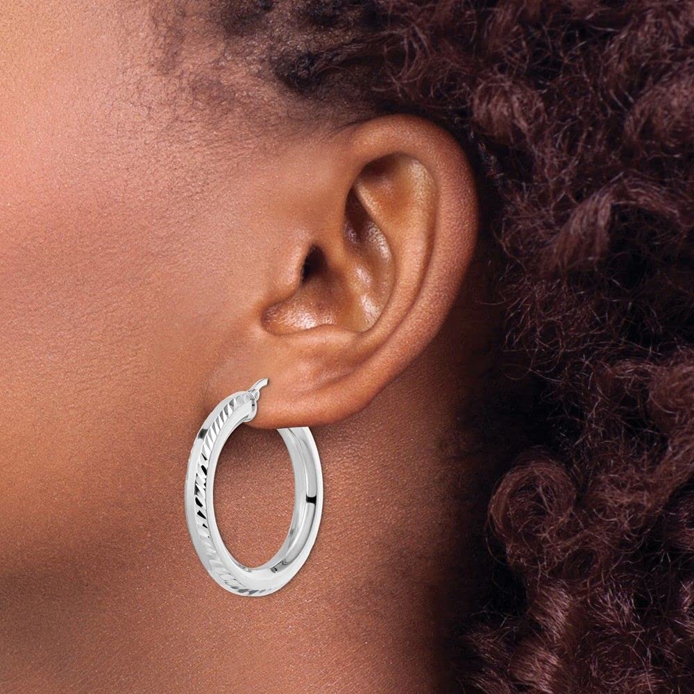 Sterling Silver Rhodium-Plated 5x34mm Shiny-Cut Octagon Tube Hoop Earrings for Women - Elegant Dangle Ear Jewelry for Parties, Weddings & Everyday Wear