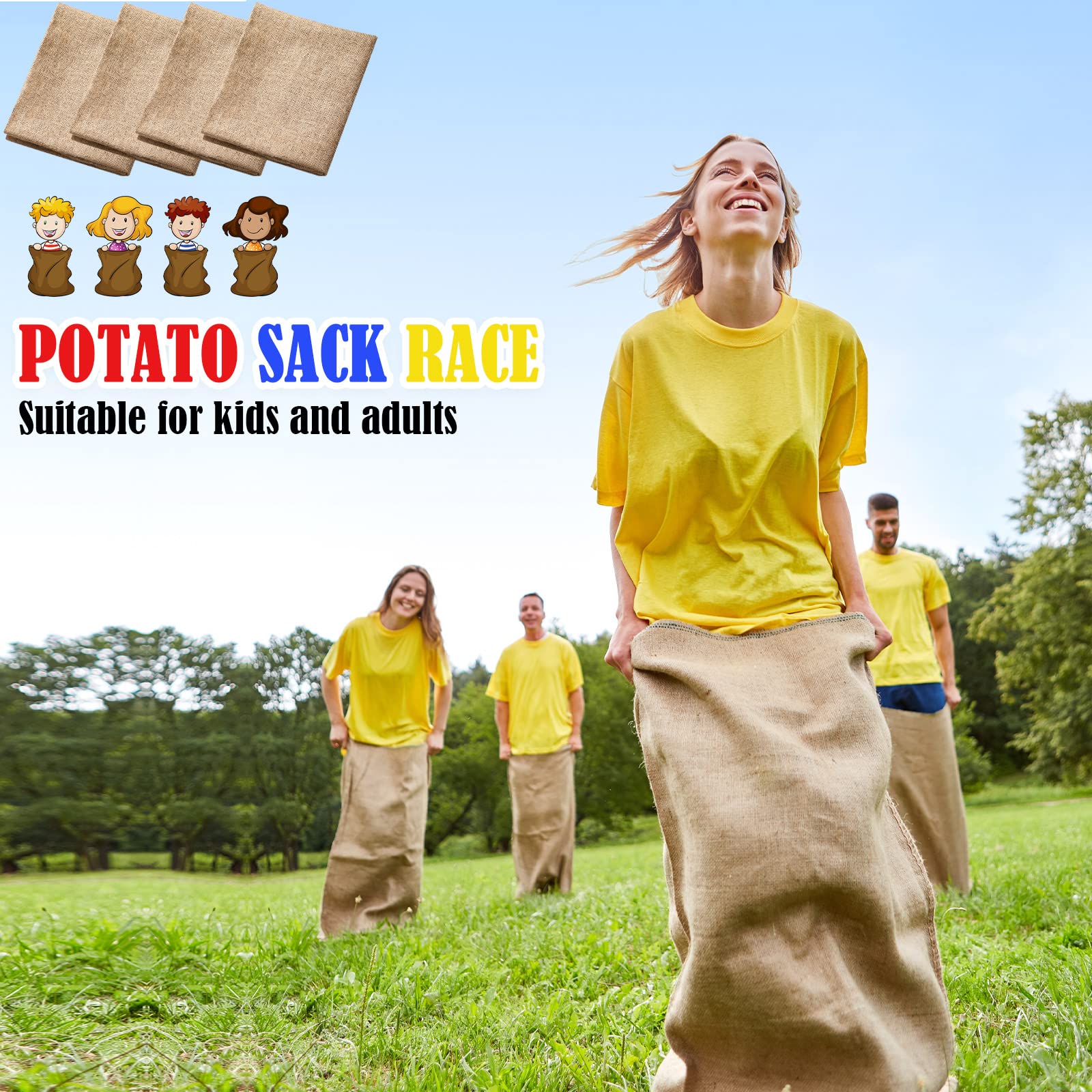 12-Pack Potato Sack Race Bags & Outdoor Lawn Games Set - Includes Egg Spoon Race & 3-Legged Relay Race Bands - Perfect for Carnival, Birthday Parties, Family Reunions & Backyard Fun (Great for Kids & Adults)