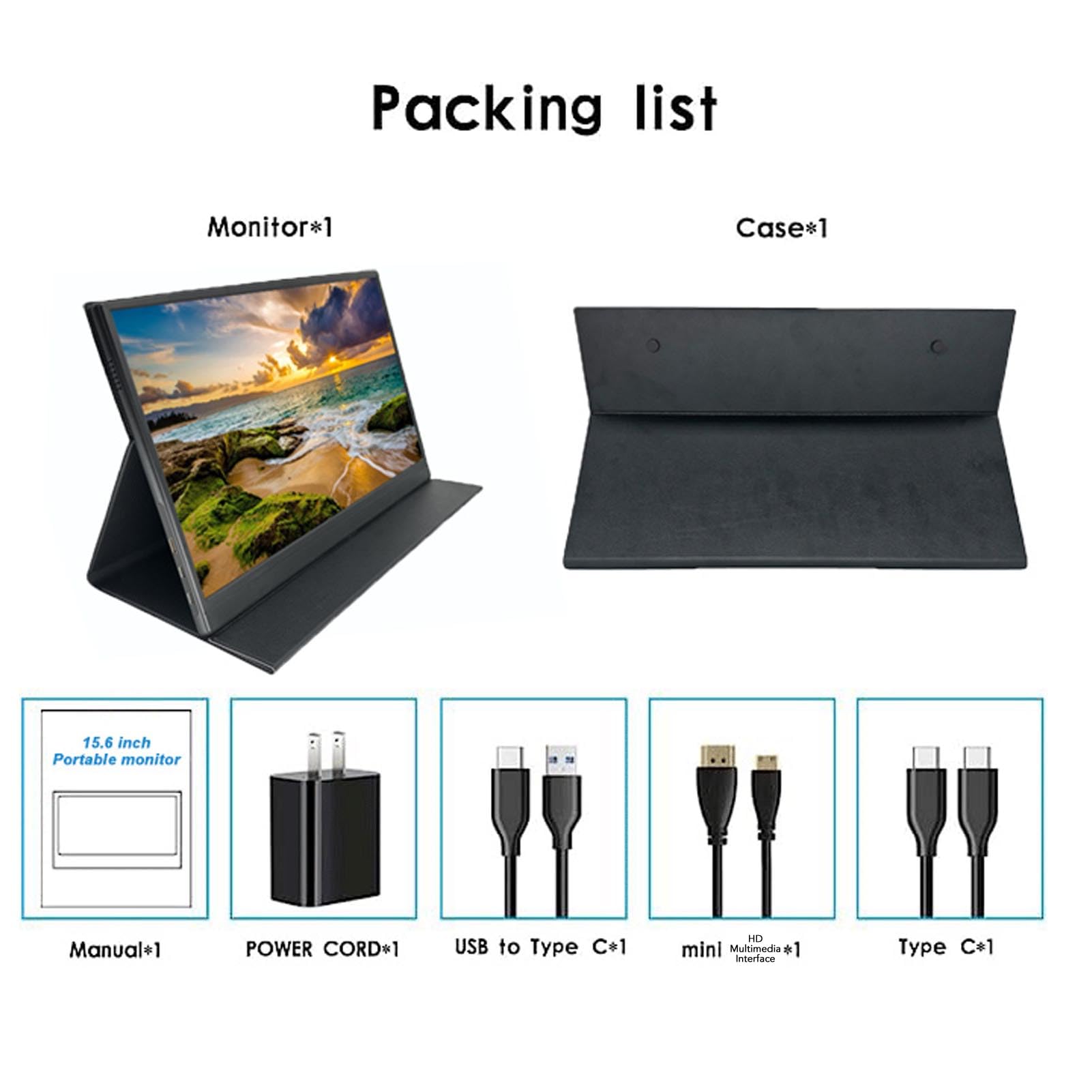 15.6 Inch Portable Monitor for Laptop - Plug and Play USB-C Travel Monitor with 100-240V EU Plug - Perfect for Business Trips, Gaming & Remote Work