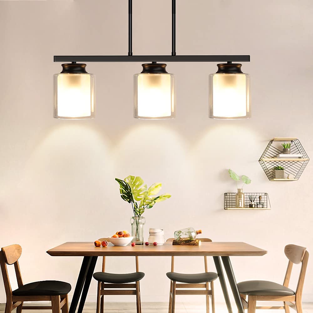 DLLT 3-Light Industrial Pendant Lighting Fixture - Metal Kitchen Island Hanging Light with Glass Shade, Farmhouse Flush Mount Ceiling Light for Dining Room, Foyer, Restaurant, Bar - E26 Base - Perfect for Modern Farmhouse Decor & Commercial Spaces