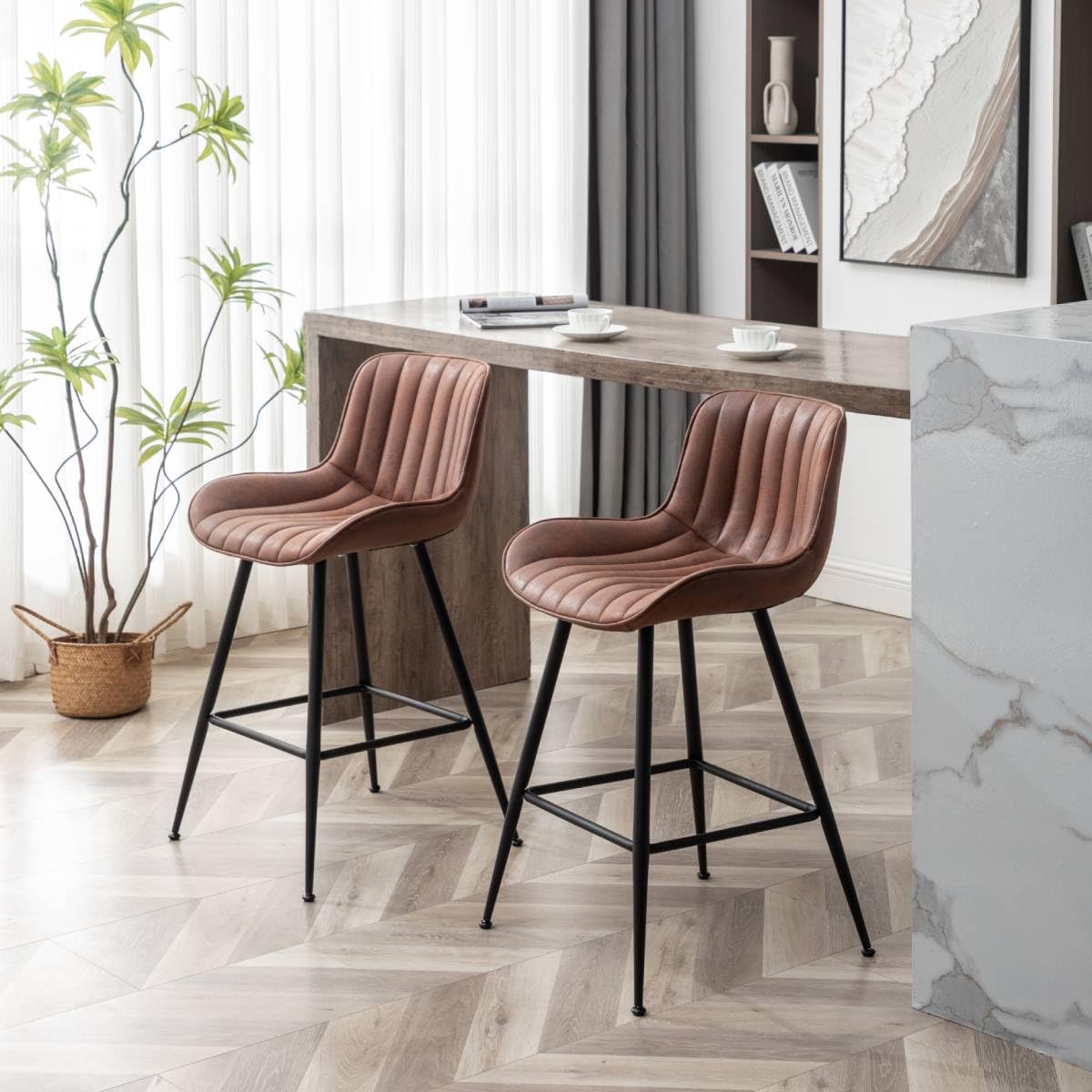Brown Bar Stools Set of 2 - 24 Inch Fabric Upholstered Armless Bar Height Stools for Home Bar, Kitchen Island & Coffee Shop - Black & Brown Modern Barstools for Dining & Entertainment Areas