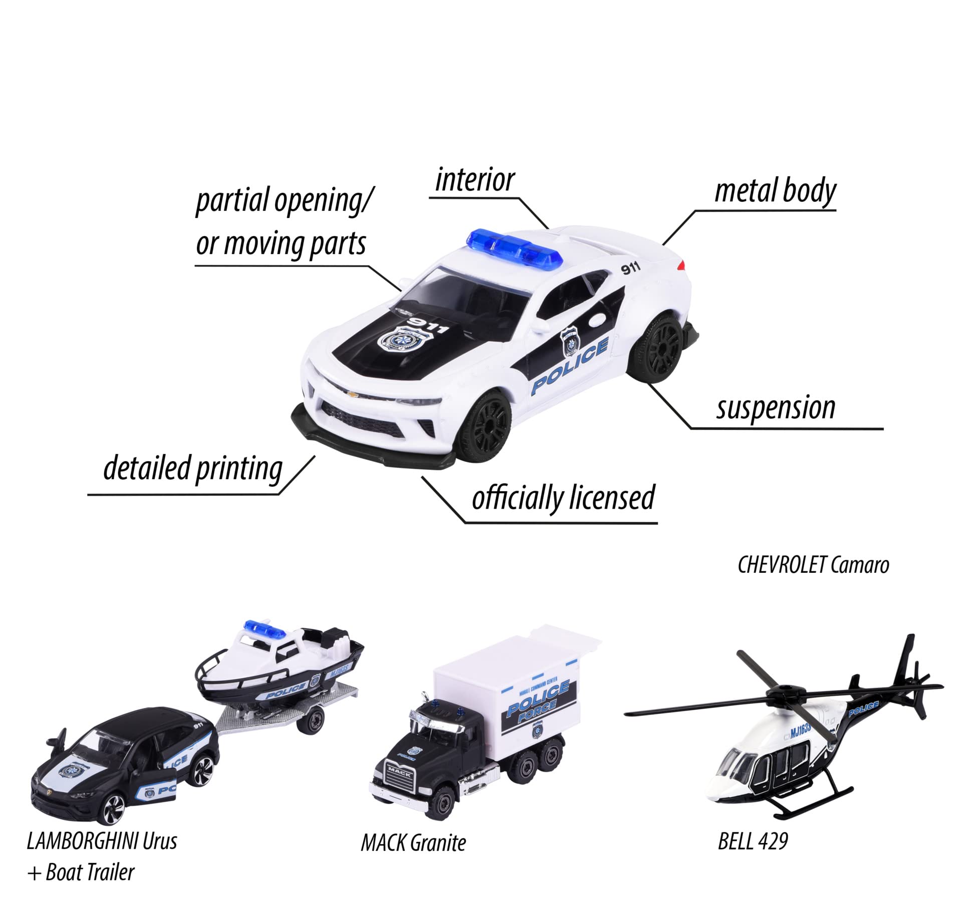 Majorette 212053188 4-Pack Metal Police Vehicle Toy Set - Die-Cast Police Cars Gift Box for Kids & Collectors | Perfect for Playtime, Birthday Gifts & Display Collections