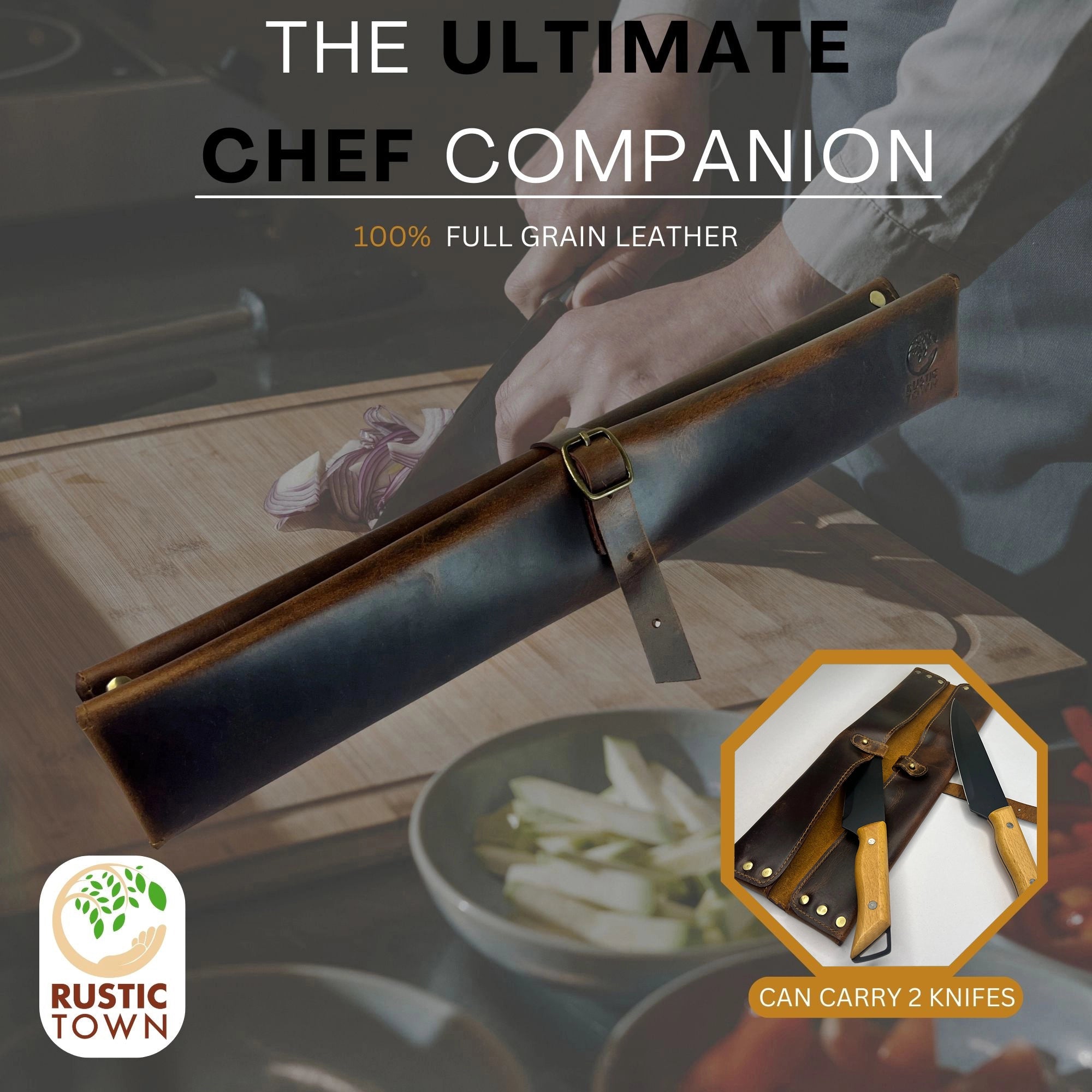 Premium Leather Chef's Knife Holder with 2 Slots - Brown | Professional Kitchen Knife Storage Case | Perfect for Home Cooks & Professional Chefs