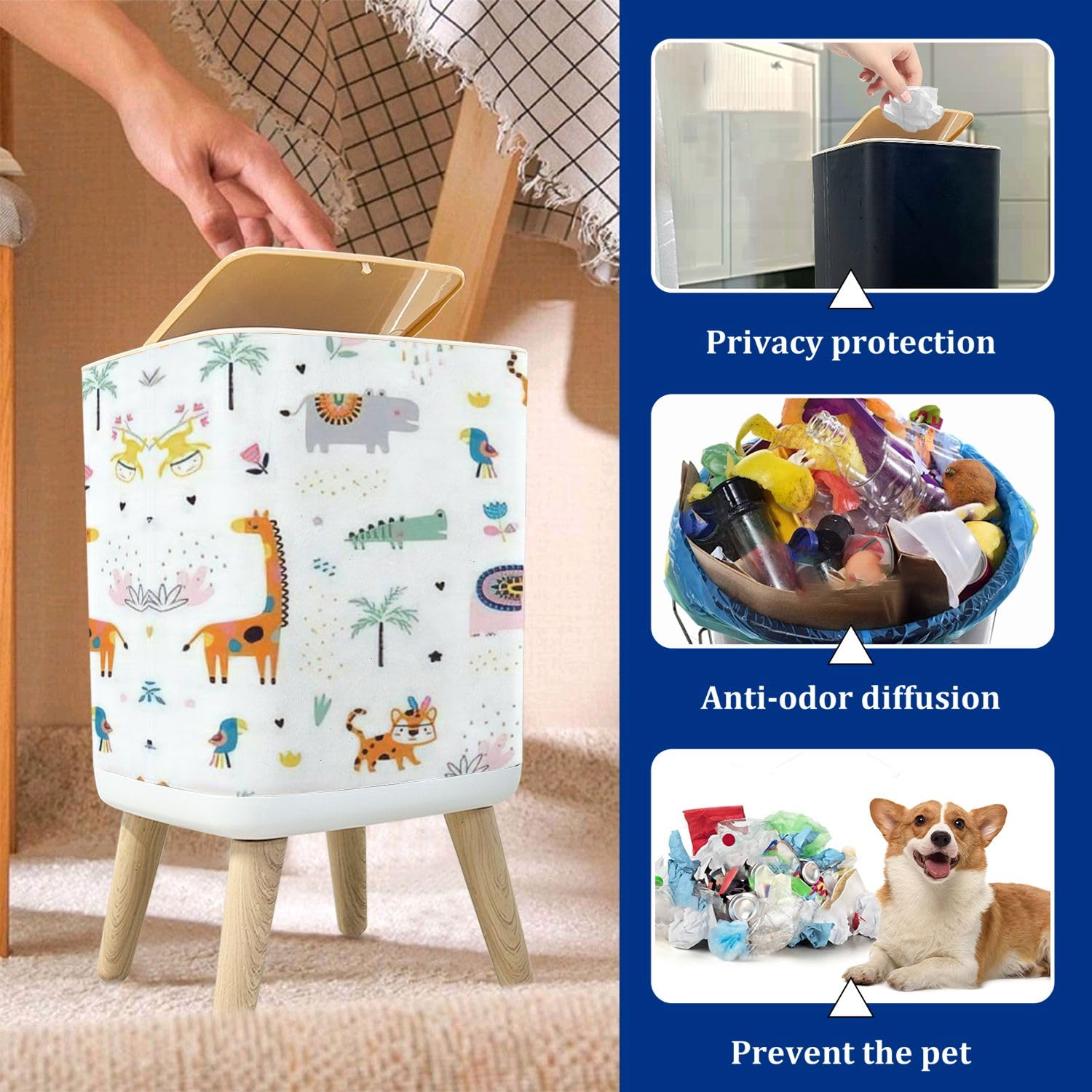 Stylish Boho Tropical Animal Print Trash Can with Lid - Dog Proof Rectangular Waste Bin for Kitchen, Bathroom, Living Room & Nursery - Perfect for Home, Office & Kids' Rooms
