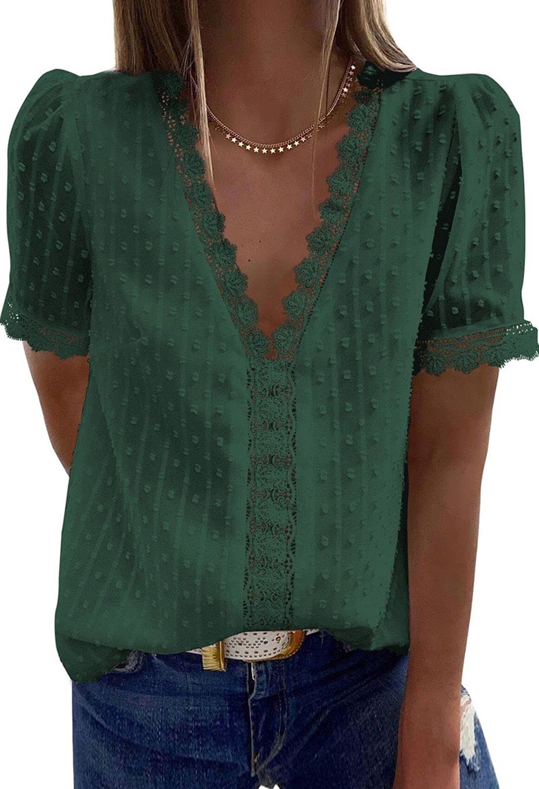 Linsery Women's Short Sleeve V-Neck Lace Tunic Top with Pom Pom Detail - Cute Summer Blouse for Casual Wear, Beach Outfits & Date Nights
