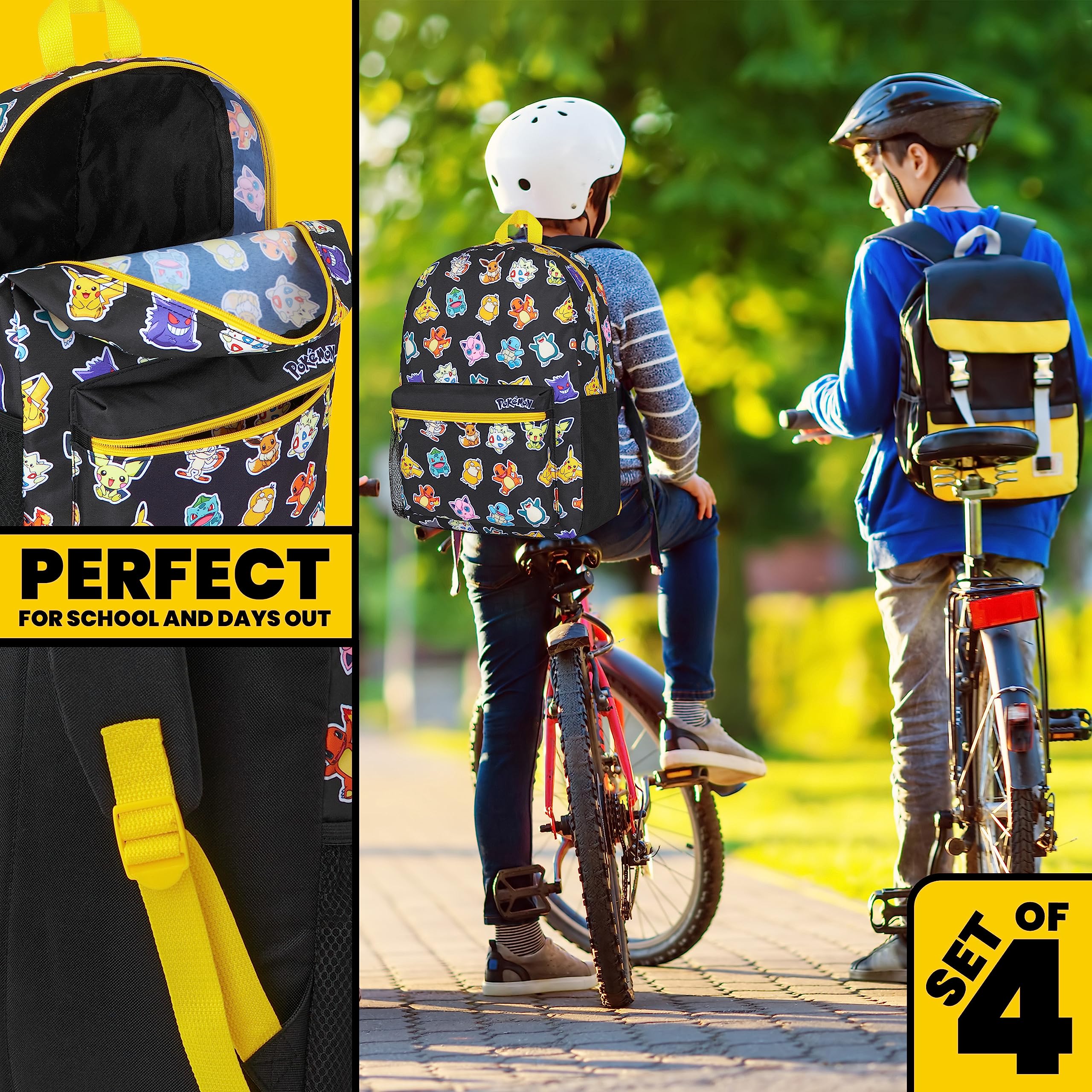 Pokemon Kids Backpack 4-Piece School Set - Pikachu Themed Insulated Lunch Box, BPA-Free 500ml Water Bottle, Pencil Case & Rucksack - Back to School Supplies for Boys (Black/Multi) - Perfect for School, Travel & Outdoor Adventures