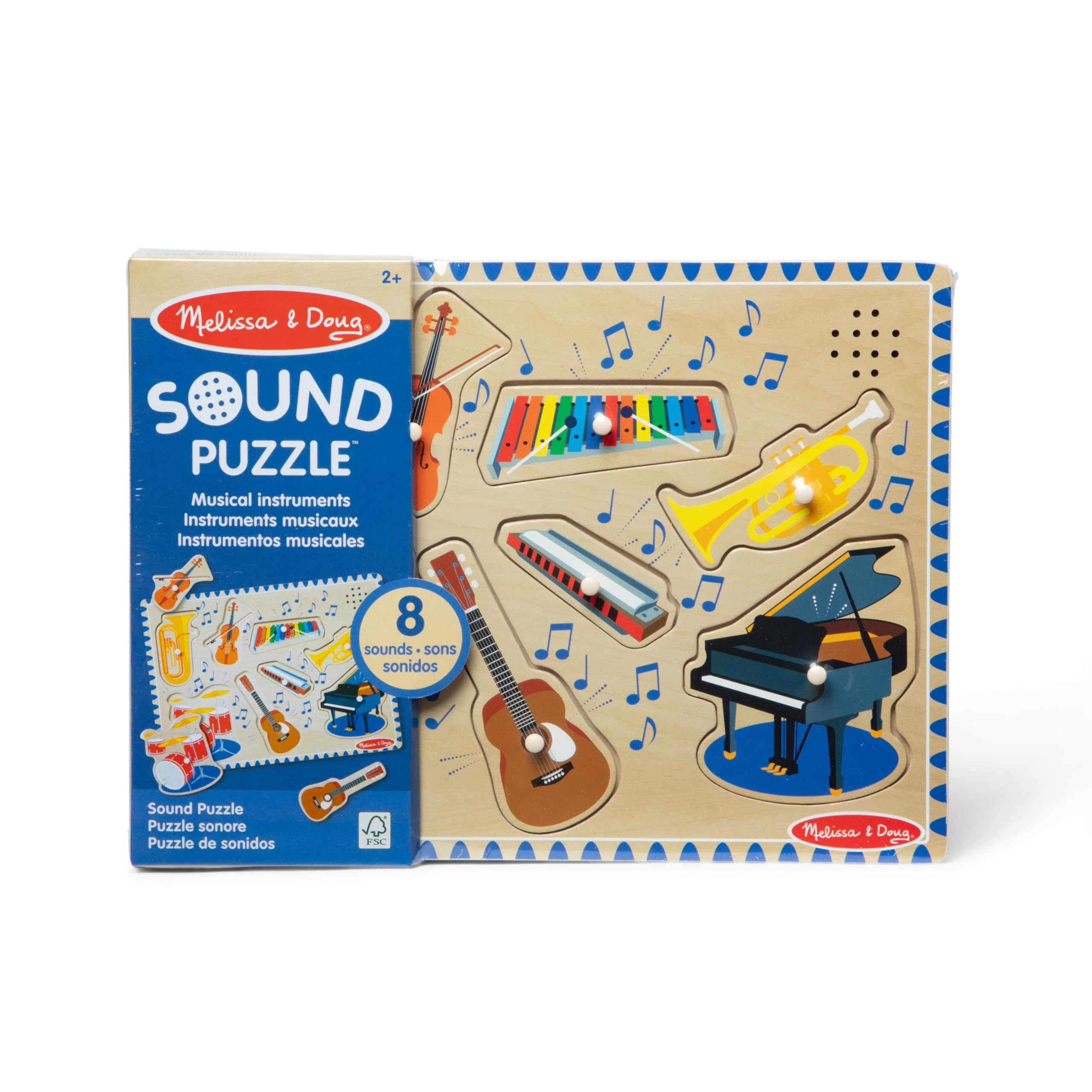 Melissa & Doug Wooden Musical Instruments Sound Puzzle - 8-Piece Light-Activated Peg Puzzle with Sound Effects | Educational Music Toy for Toddlers & Preschoolers Ages 2+ | Perfect for Early Learning, Sensory Play & Birthday Gifts