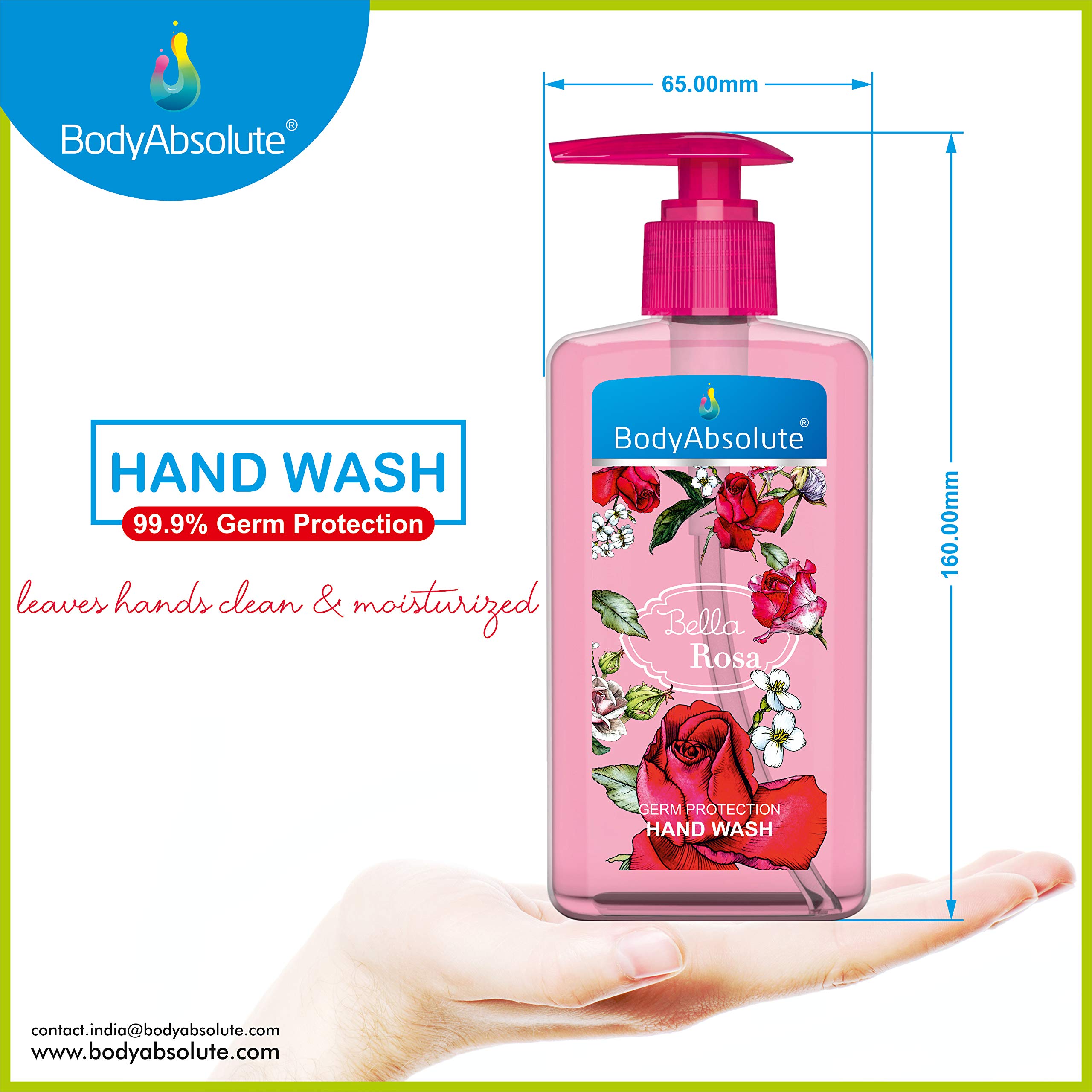 BodyAbsolute Bella Rosa Antibacterial Hand Soap with Pump - Moisturizing Liquid Hand Wash for Deep Cleaning, Hygiene & Skin Care (250ml, Pack of 2) - Perfect for Bathroom, Kitchen & Office Use