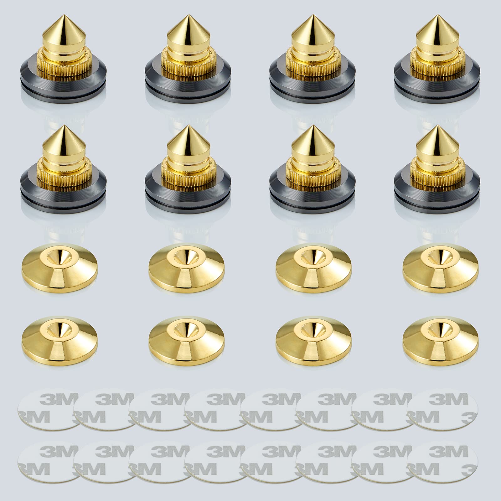 Premium 8-Piece Speaker Spikes & Isolation Feet - Adjustable Shockproof Floor Protectors for HiFi Speakers, Subwoofers, Turntables, DAC Recorders | Gold Cone Base Pads with Adhesive | Perfect for Home Theater & Audio Setup Protection