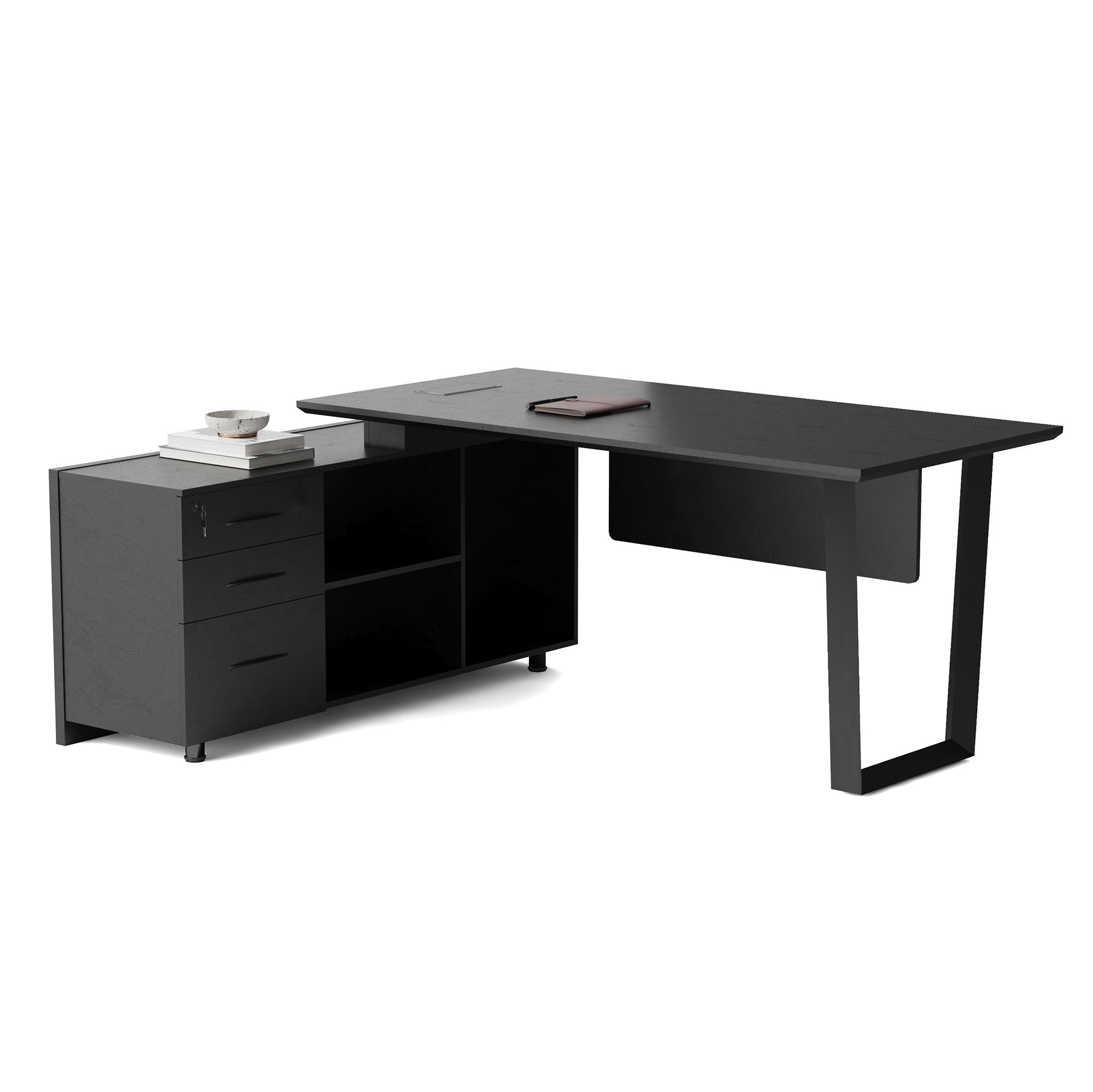 ADRIANO Black Executive Office Desk - Reversible 165cm to 180cm - Black Concrete Finish - Perfect for Home Office & Corporate Workspaces
