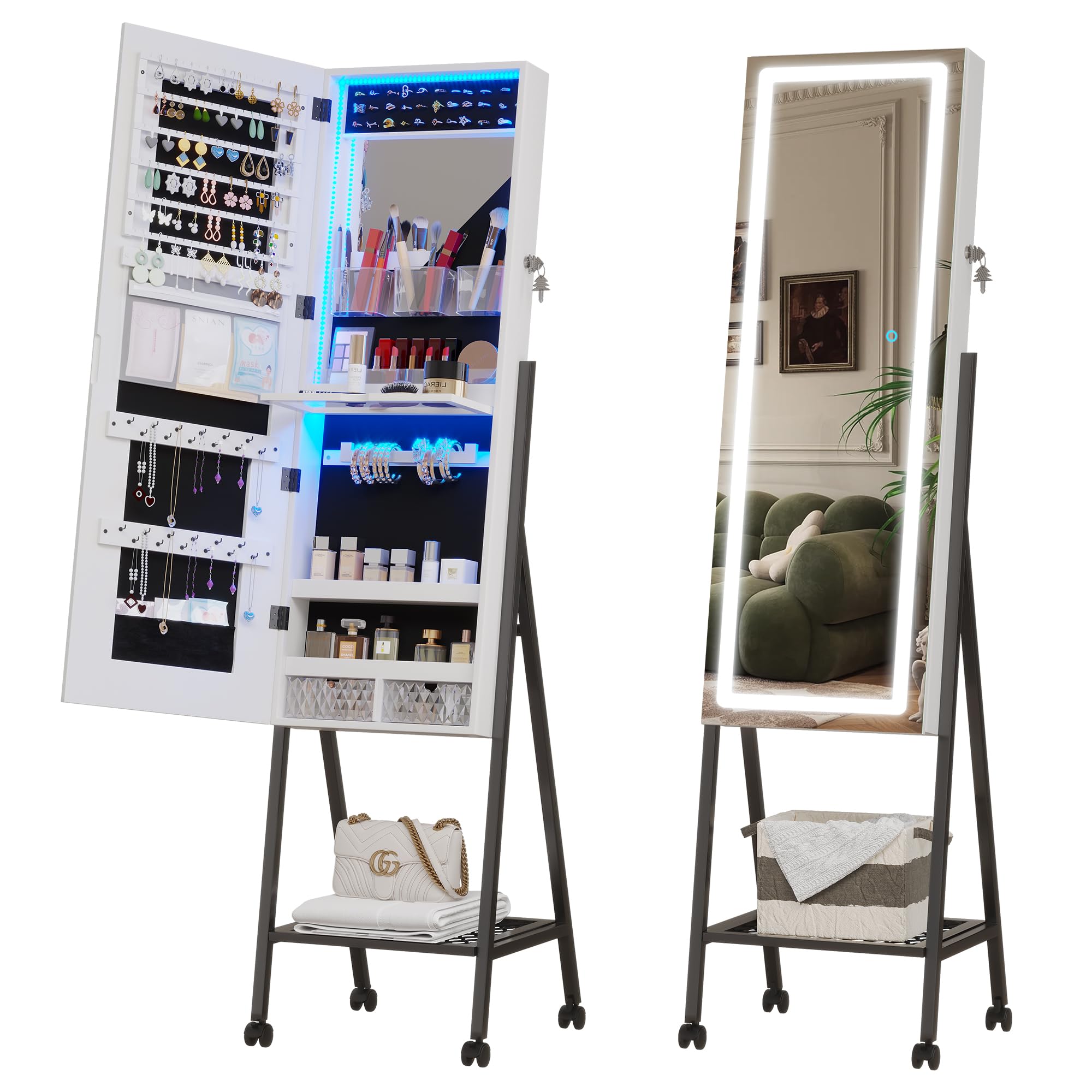 Full-Length LED Standing Mirror with Jewelry Storage - Smart Touch Control, 6 Color Lighting Options, Lockable Cabinet & Removable Wheels for Bedroom, Dressing Room, and Closet Organization