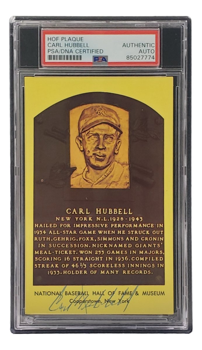 Carl Hubbell Autographed 4x6 New York Giants Hall Of Fame Plaque Card with PSA/DNA Certification 85027774 - Perfect for Baseball Memorabilia Collectors & Sports Fans Display