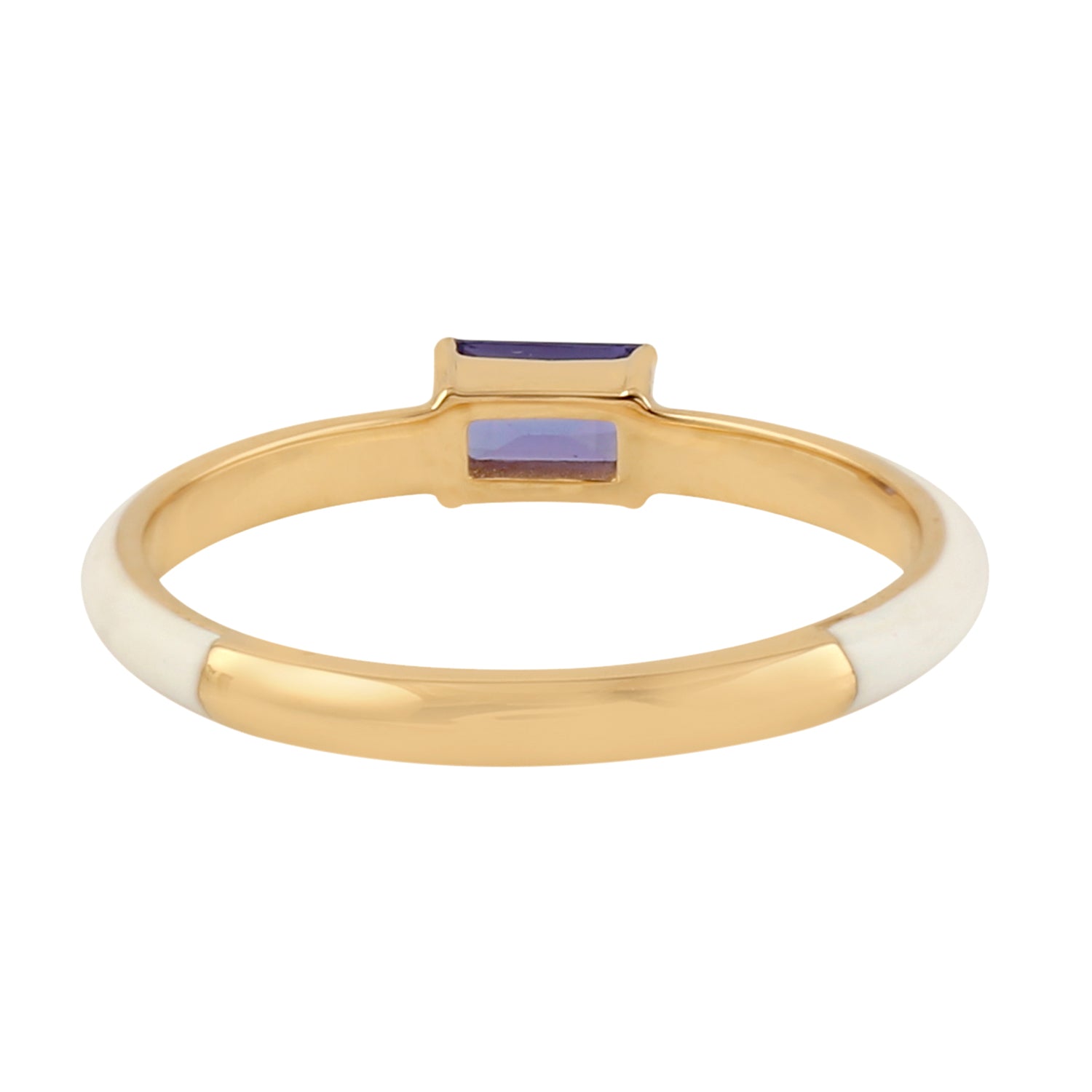 14K Yellow Gold Baguette Cut Tanzanite Gemstone White Enamel Band Ring for Women | Elegant Wedding, Engagement, Anniversary Jewelry Gift