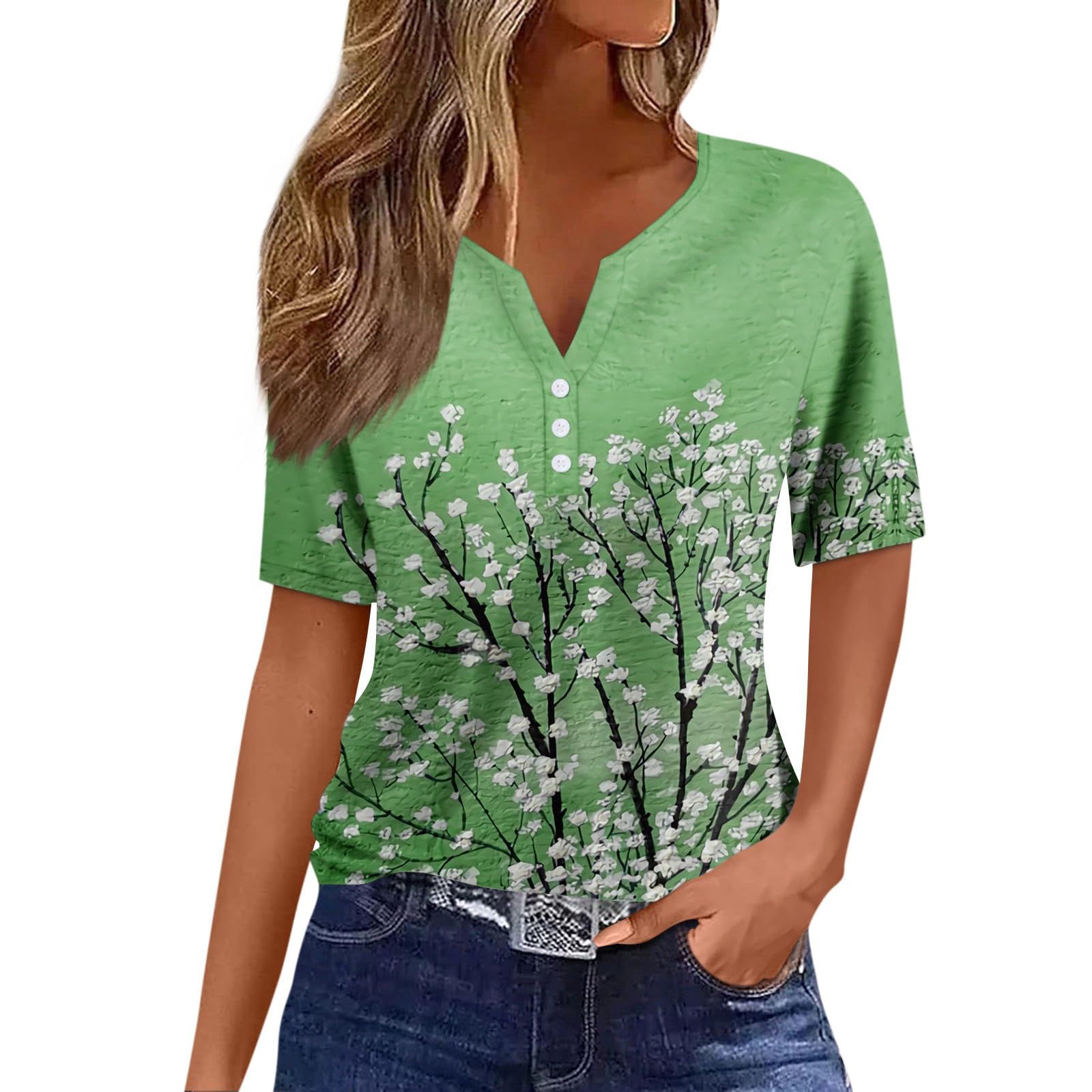 Trendy Floral V-Neck Short Sleeve Summer Tops for Women 2024 - Casual Loose Comfortable Tunic Shirts for Vacation, Beach, Party & Everyday Wear