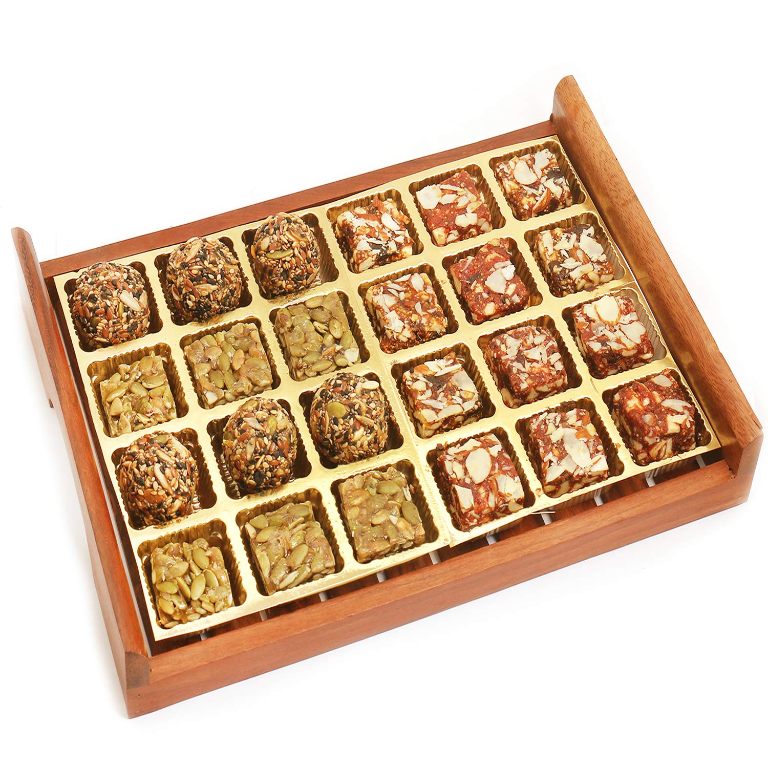 Ghasitaram Diwali Gift Set - Sugar-Free Wooden Sweets & Healthy Seed Bites Serving Tray | Perfect for Festive Gifting, Home Decor & Healthy Snacking