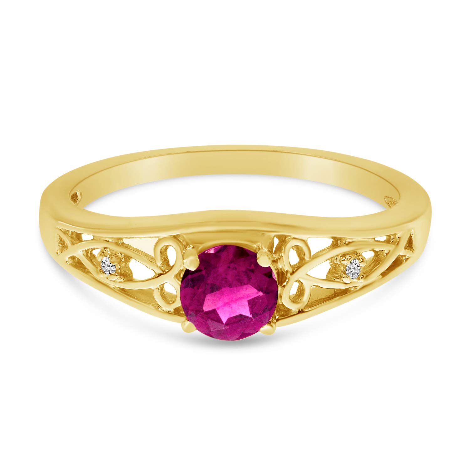 10K Yellow Gold Round Pink Topaz and Diamond Ring for Women - Elegant Birthstone Jewelry Gift for Anniversary, Engagement, or Special Occasion