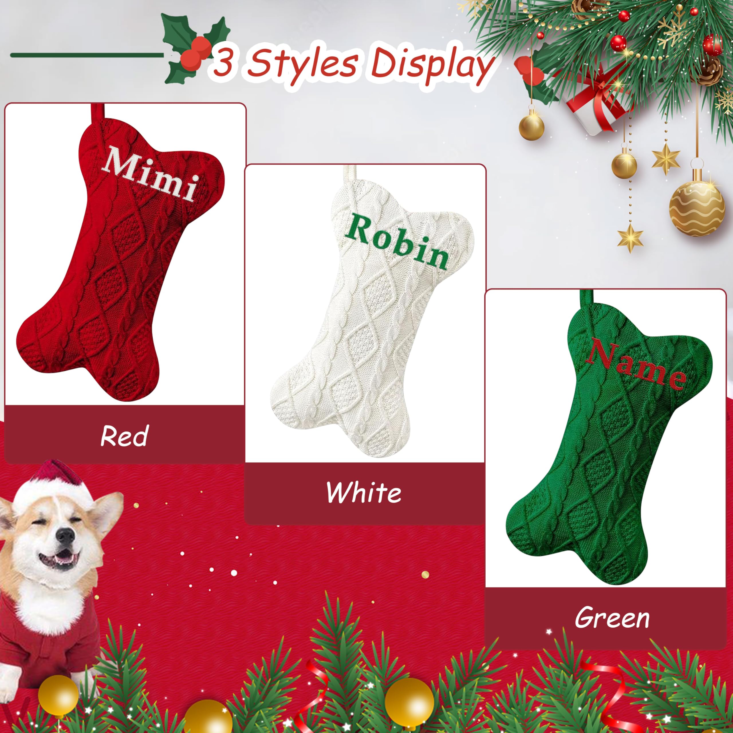 Personalized Pet Christmas Stocking - Large Custom Embroidered Name Stocking for Dogs & Cats, Bone-Shaped Holiday Stocking for Fireplace Decor - Perfect for Family Christmas Celebrations & Pet Lovers Gift (1 Piece)