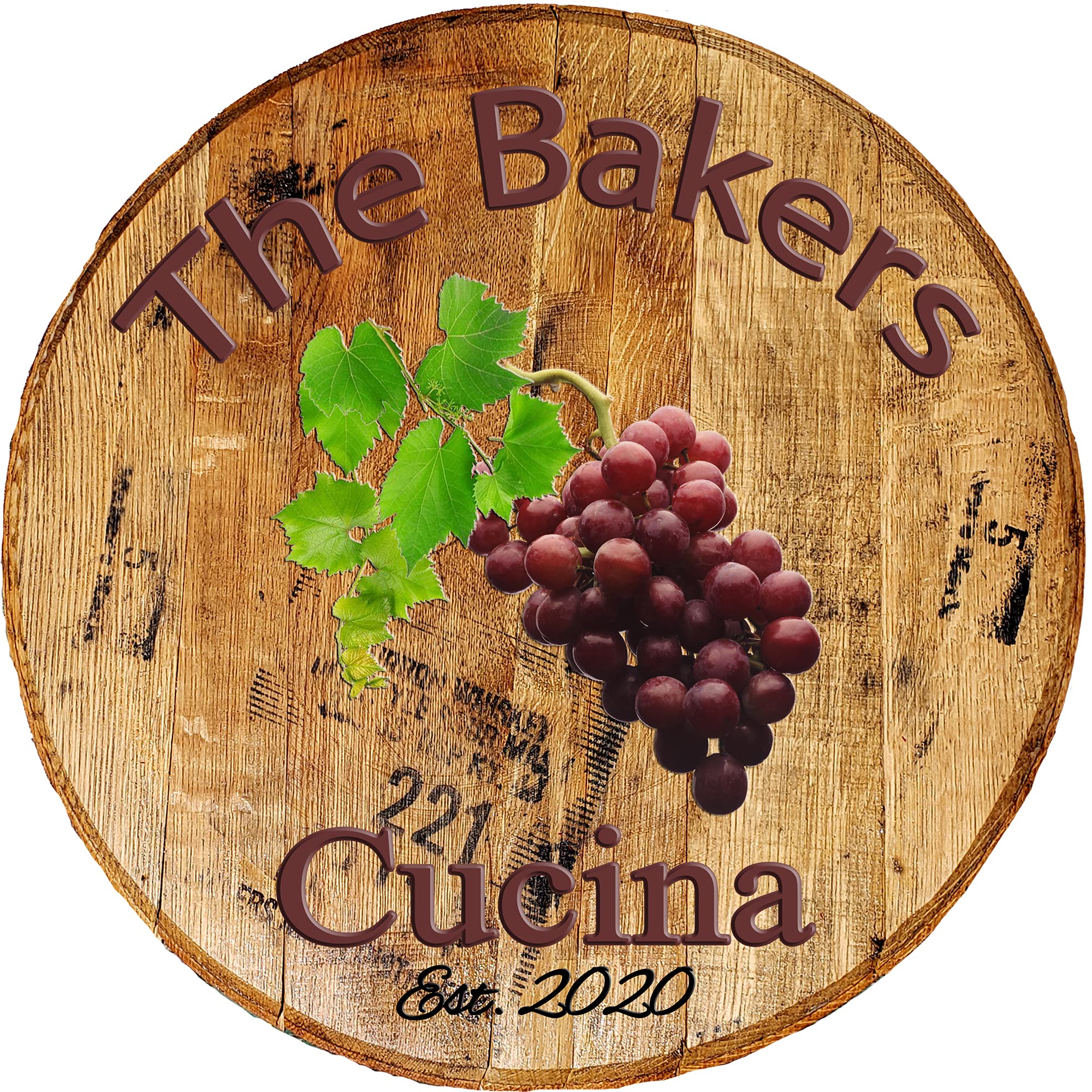 Rustic Home Bar Signs - Real Wood Whiskey Barrel Wall Decor - Personalized Kitchen & Cafe Sign - Italian Wine Theme with Colorful Grapes Design - 22 Inch Diameter - Perfect for Home Bars, Kitchens, Restaurants & Wine Cellars
