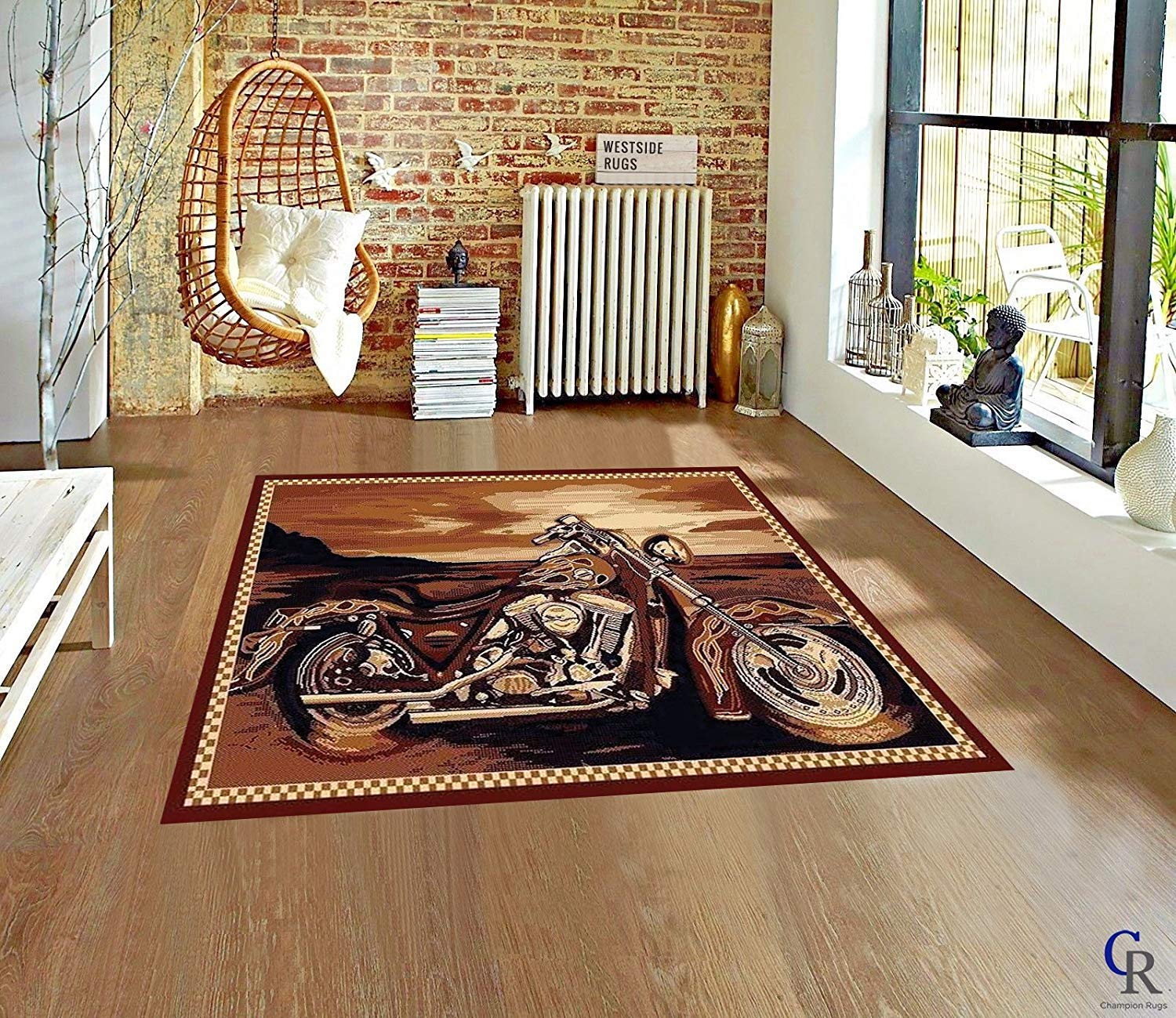 Harley Davidson Style Motorcycle Floor Mat Rug - Champion Rugs Indoor/Outdoor Durable Design (5’ 3” X 7’ 5”) - Perfect for Living Room, Garage, and Patio Decor