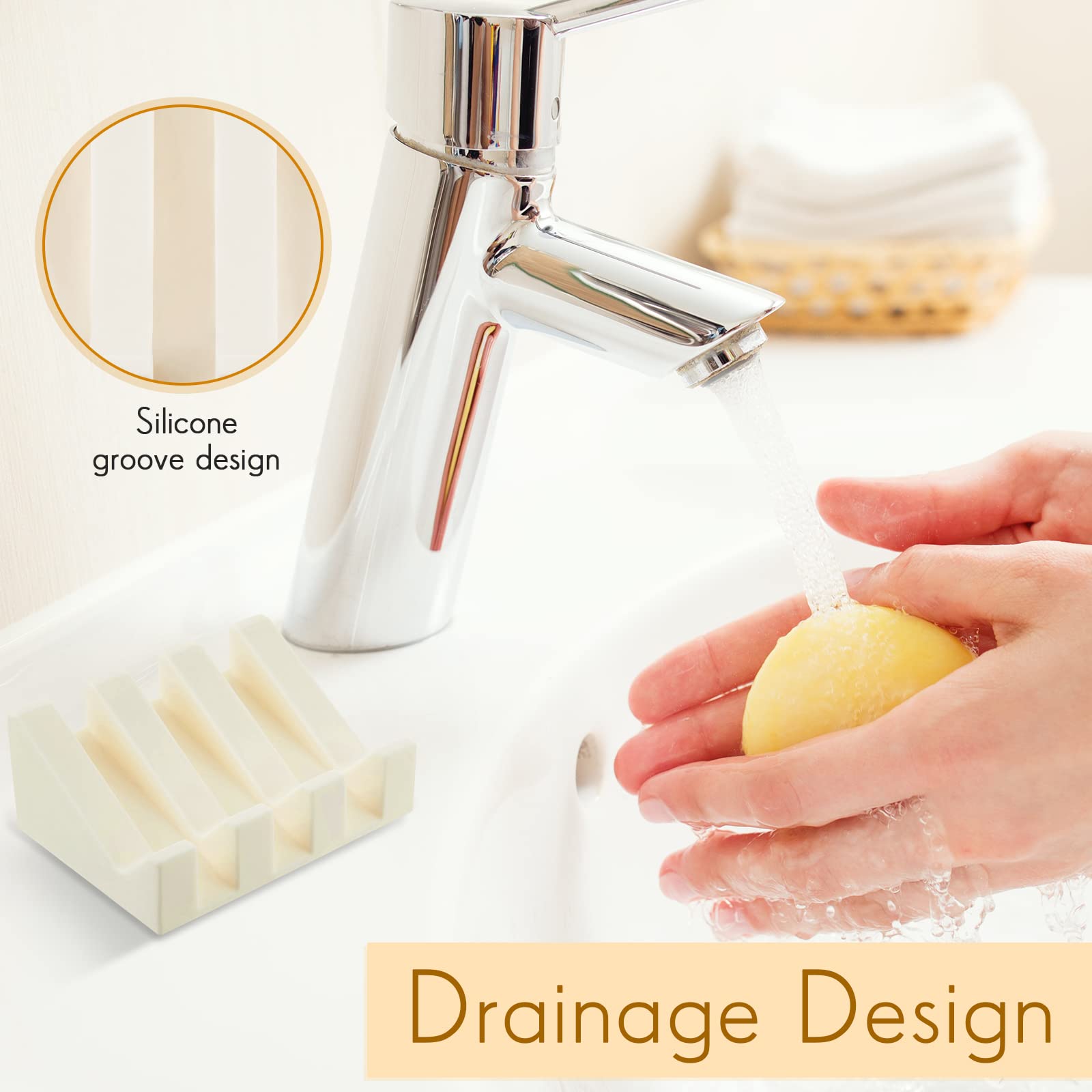 Cunhill 2-Pack Self-Draining Silicone Soap Dish Holder - Waterfall Design Soap Tray with Drain Holes for Kitchen & Bathroom - Cream White - Perfect for Shower, Sink Countertop, and Vanity Organizer