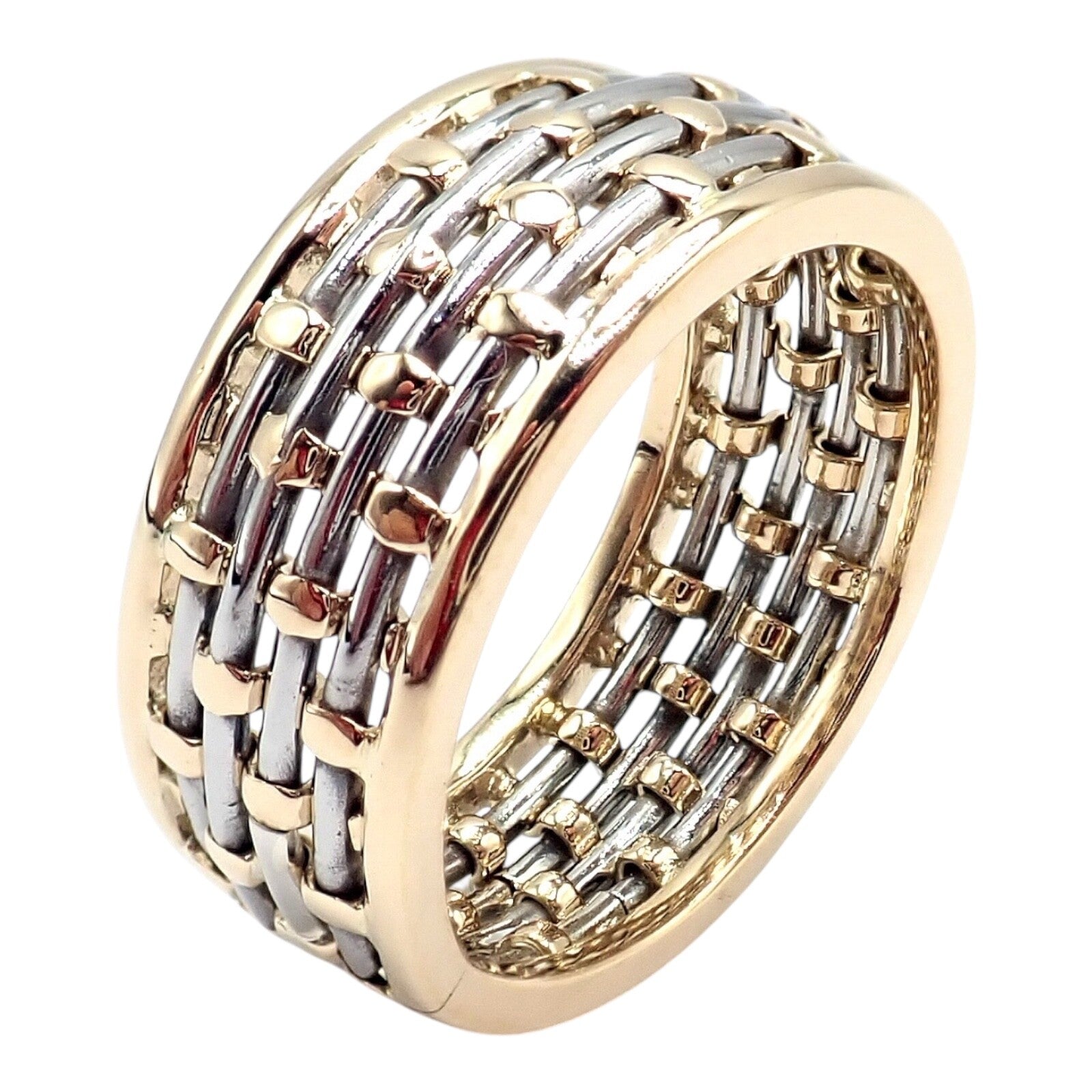 Authentic Cartier 18K Yellow Gold & Stainless Steel Basket Weave Ring and Earrings Set - Luxury Jewelry for Weddings, Anniversaries & Special Occasions