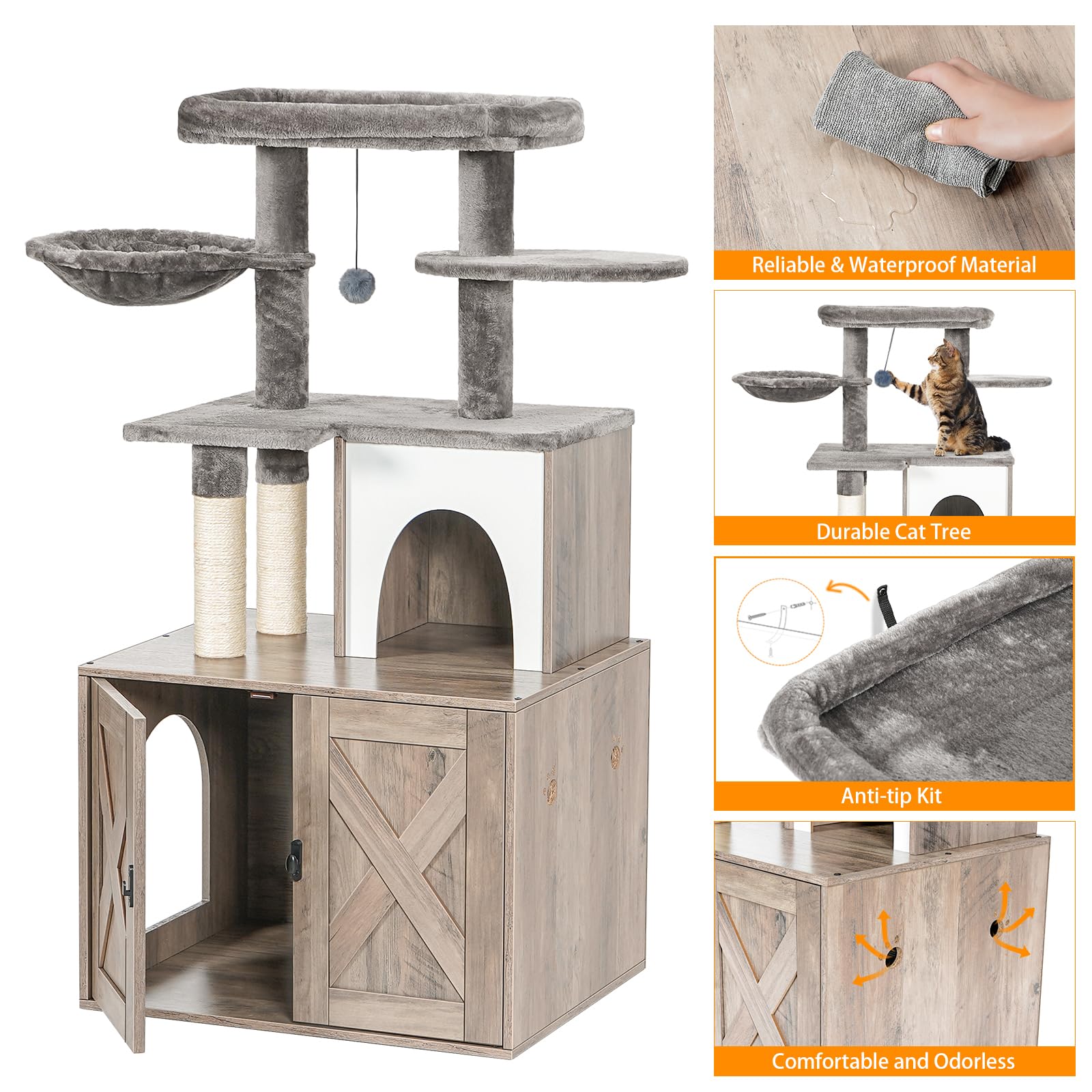 Snughome Wooden Cat Litter Box Enclosure with Tree Tower & Condo - Hidden Washroom Furniture with Sisal Scratching Post, Soft Plush Perch & Multi-Level Platforms - Grey Cat Furniture for Home Decor & Pet Comfort