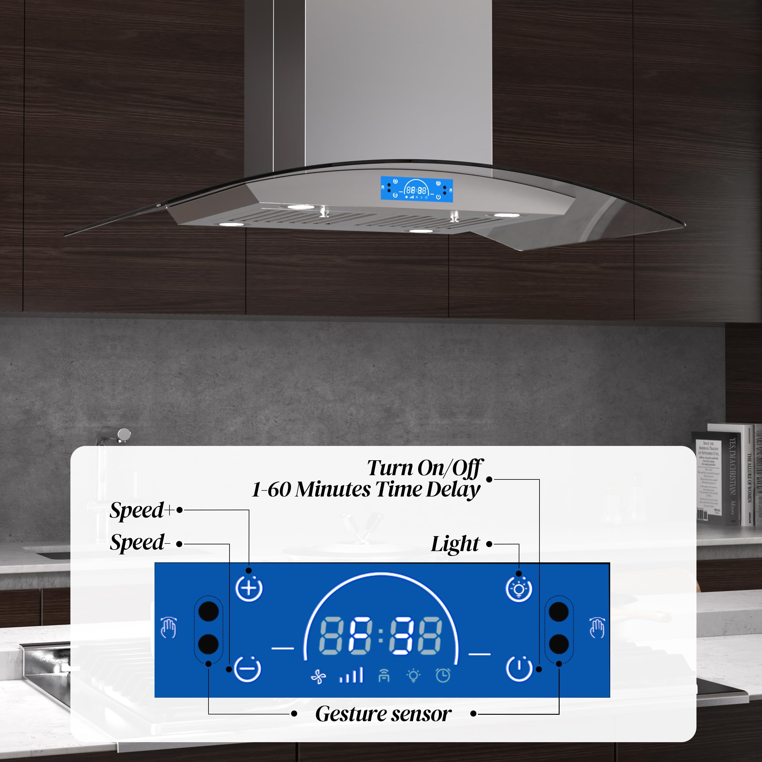 **FIREGAS 36 Inch 700 CFM Stainless Steel Island Range Hood with Tempered Glass, 4 LED Lights, 3-Speed Fan & Touch Control – Permanent & Charcoal Filters – Perfect for Modern Kitchens & Open-Concept Homes**
