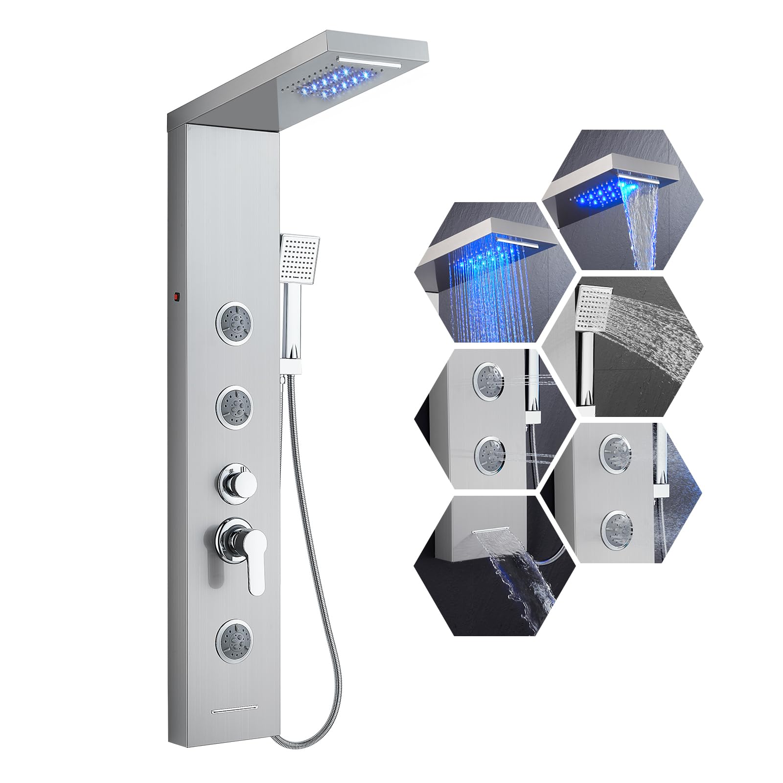 6 in 1 LED Rainfall Shower Panel Tower System with Waterfall Shower Head, 2 Mode Body Jets, Handheld Shower & Tub Spout - Stainless Steel Shower Column with Brushed Finish for Luxurious Bathroom Upgrade & Spa Experience at Home