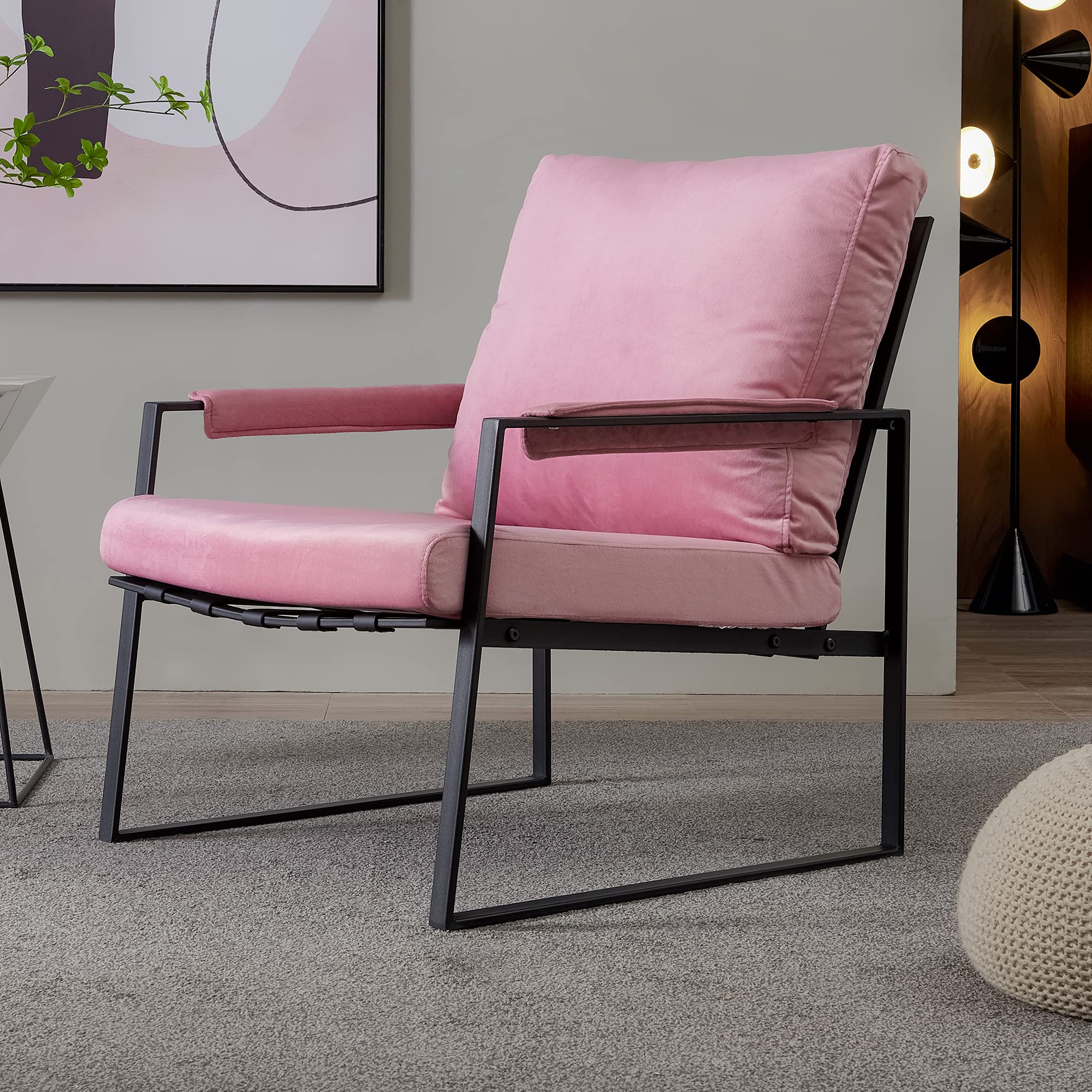 Modern Velvet Accent Chair - Single Arm Lounge Chair with Soft Cushion for Living Room & Bedroom, Contemporary Design, Sturdy & Durable, Easy to Clean & Assemble (Pink) - Perfect for Reading Nook, Cozy Corner or Small Space Decor