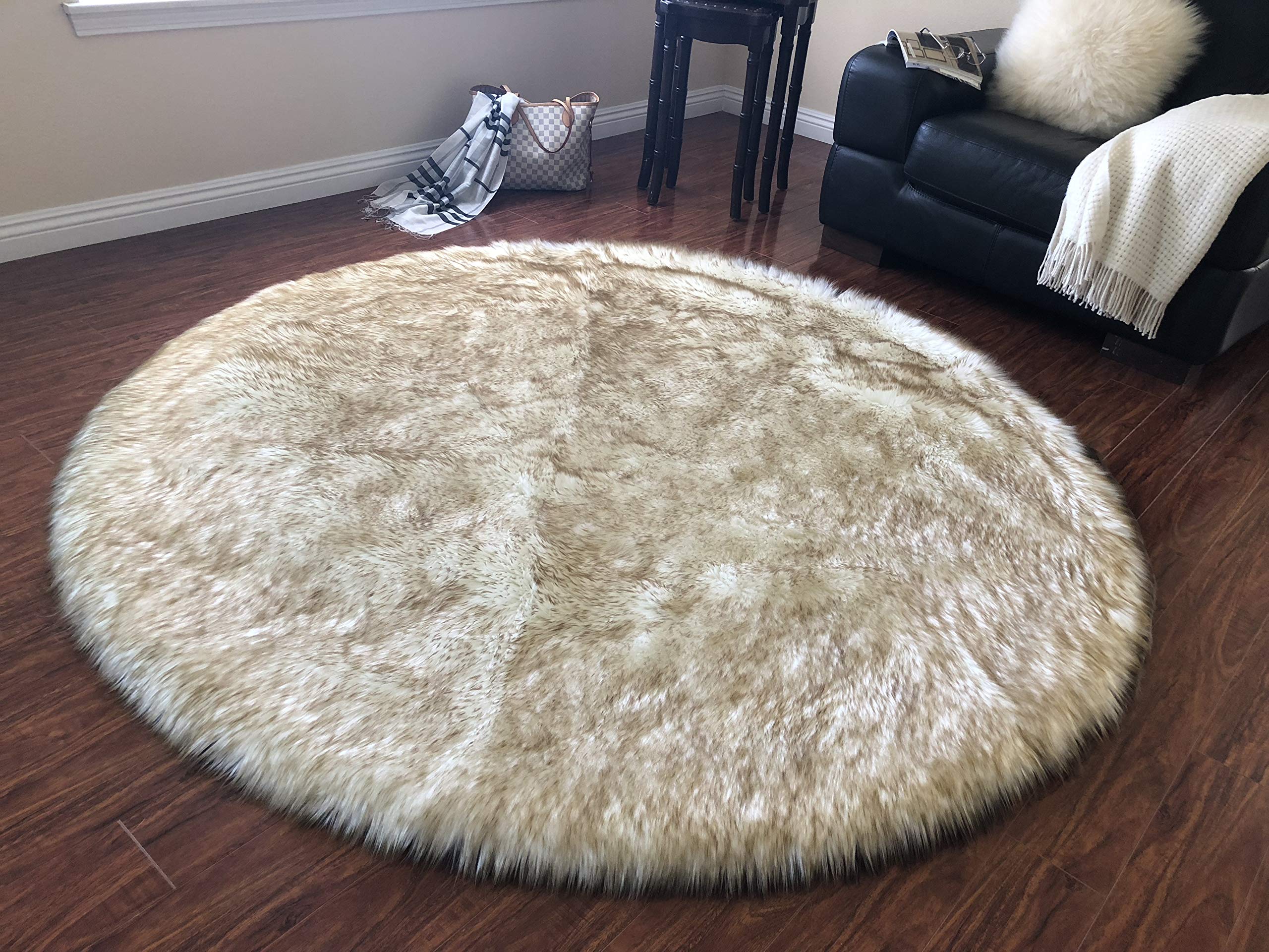Luxury Faux Sheepskin Rug - Super Soft Hypoallergenic Plush Fur Carpet for Bedroom, Living Room, Nursery | Round Shaggy Silky Floor Mat (8ft/240cm, White with Brown Tips) - Perfect for Cozy Home Decor, Kids Play Area & Sofa Accent